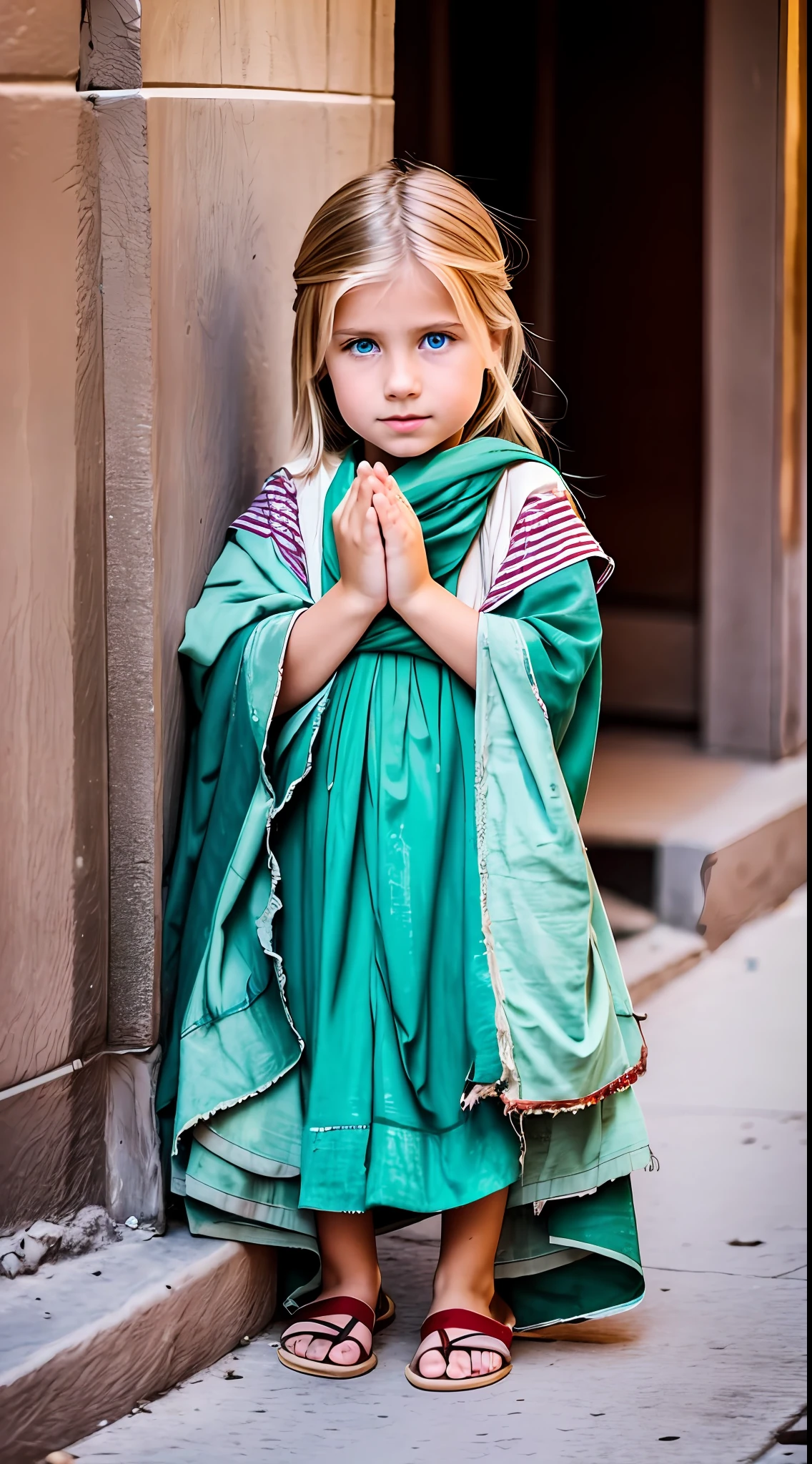 There is an American girl standing in the street, emerald green eyes, with torn clothes, beggar begging for alms, beautiful little blonde girl child