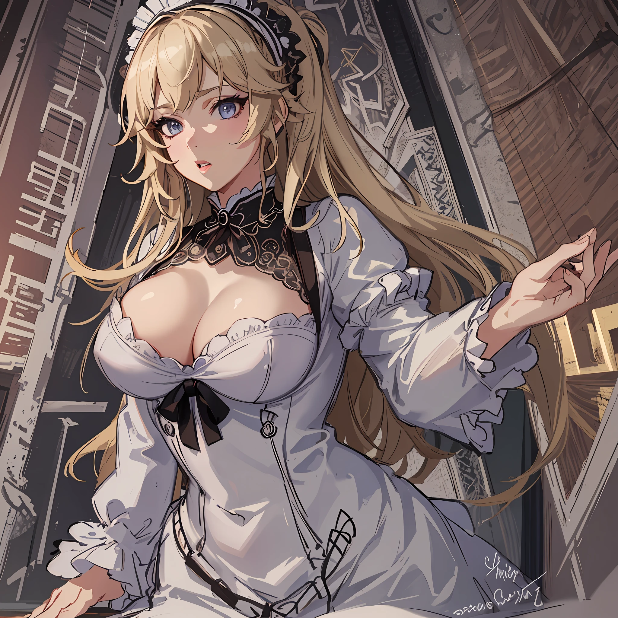 masterpiece, best quality, long eyelashes, eyeliner, eyeshadow, mascara, colorful, pink lips, deep skin, looking at viewer, upper body, 1girl, big breasts, fluffy chest,  solo, maid outfit, breast focus, (masterpiece:1.6), (highly_detailed:1.05), (highres:1.05), ultra detailed, 100-layers, extremely detailed, intricate, small details, ultra detailed, detailed eyes, (intricate details, volumetric lighting, cinematic lighting, award-winning, macro vivid colors, rule of thirds, majestic, detailed, elegant), colorful, realistic lighting, breasts hold, nsfw, enormous breasts,bare breasts, twintails, Blonde hair, long hair