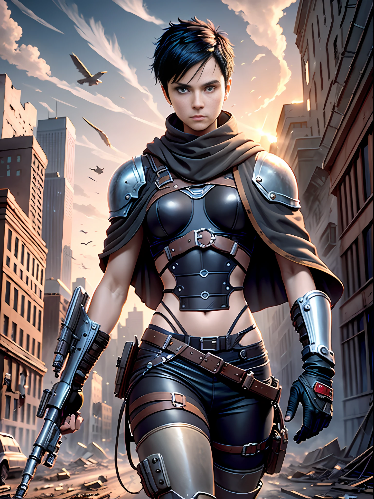 Male, man with short black hair, mechanical arm, cloak, boots, background abandoned city, wasteland, empty streets, dilapidated buildings, gunsmoke, war, daytime, clear and cloudless, fire phoenix flying in the sky, bridge, old shop, irregular, super detailed, realistic, super realistic, high quality, best, super detailed, crazy detail, very detailed, photo realism, epic composition, best quality