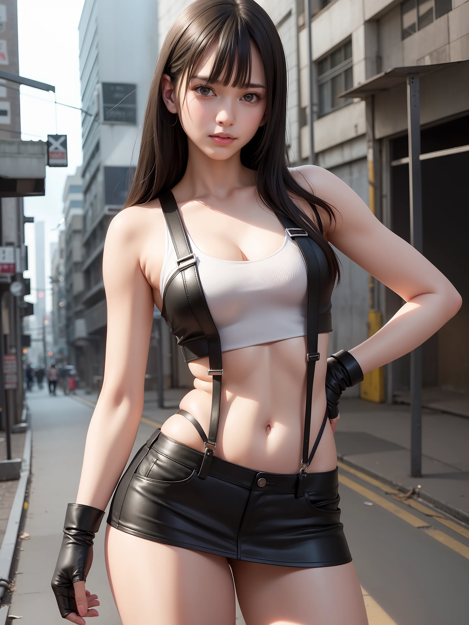tattered tiny white tank top, braless, (black miniskirt:1.15),(suspenders:1.2),thick leather gloves, solo, woman, (pyoapplev1:1.05), pyoapple, (parted lips,light smile),(shiny skin:1.1),blush, ((bangs)), long hair, clenched fists, put up your dukes, fight pose,skindentation, ((slim skinny body)), (long legs), model figure, best quality, ultra high res, (photorealistic), (detailed face and eyes), industrial slum cyberpunk dystopia background