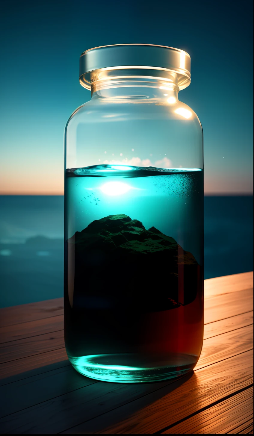 Sea trapped in bottle, night background, atmospheric lighting, 4k UHD, dark atmosphere, ultra-detailed, vivid colors, epic composition, octane rendering, clear focus, high resolution isometry, fantastic art,