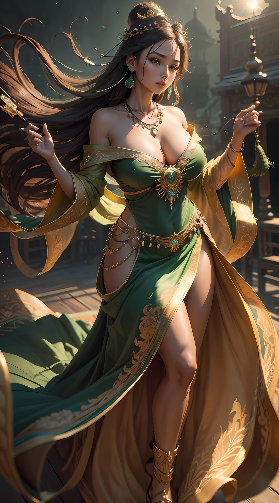 Best quality,masterpiece,ultra-detailed high res,(photorealistic:1.4),raw photo, tanned brown skin,illustration,
1girl dancing,(solo:1.2),(cowboy shot:1.2),(hair crown:1.2), green Traditional chinese dunhuang style clothes,Strapless,(green eyeliner:1.2),(big breasts:1.4), (v-neck:1.5), (big necklace:1.4), lace armour, earrings,dynamic angle,Opera House,messy_long_hair,ink,cinematic lighting,lens_flare,Velvet,chrysanthemum,Tassel,Ribbon,color embroidery, underwater scenery