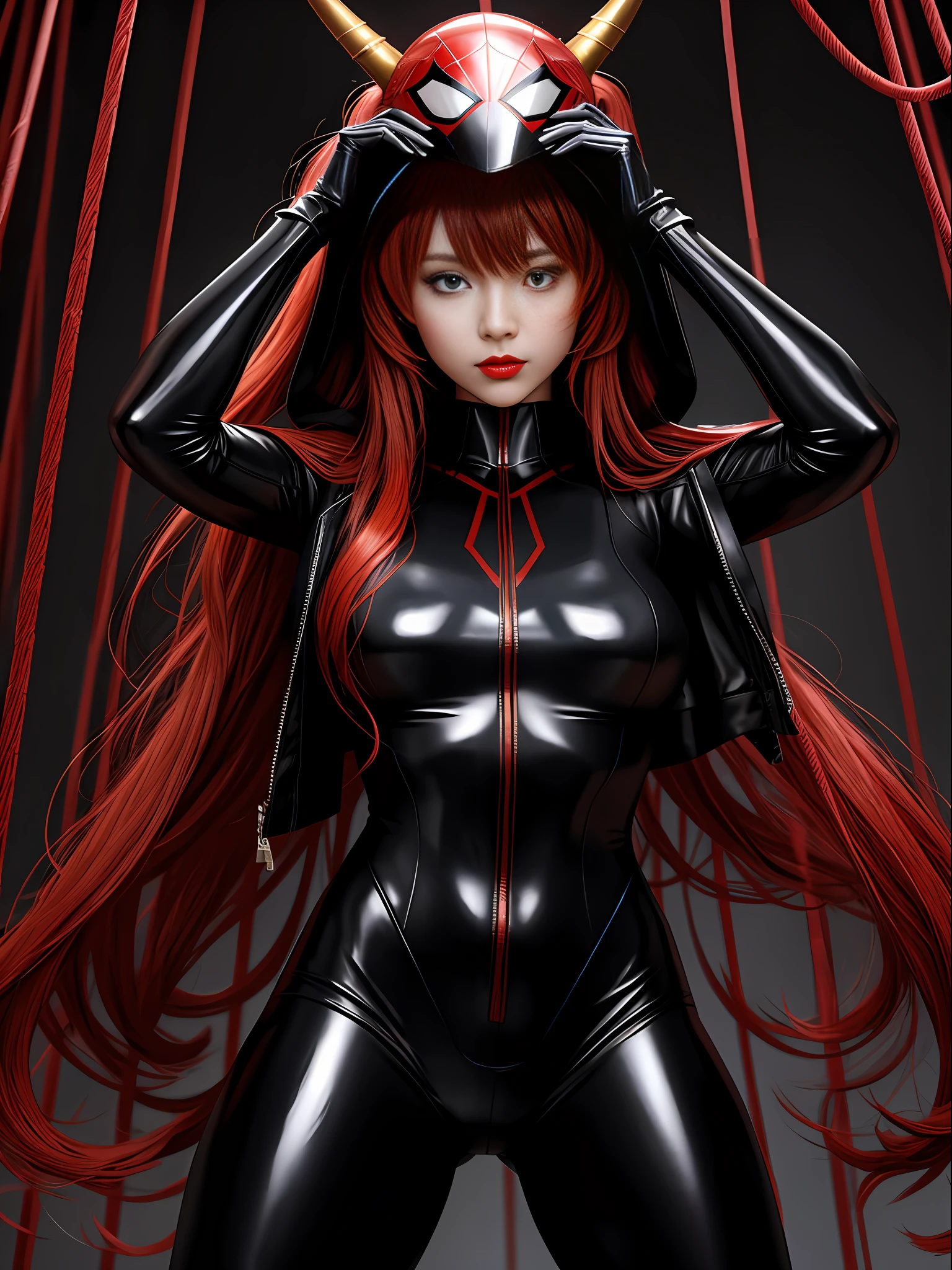 Full body photo, standing, 1 Asuka Langley Soryu in all black Shinobi/Spiderman costume with gold trimmings, immensely large breasts, wearing Oni helmet with demonic characteristics, metal cables attached to the body, looking at the viewer, heavy makeup on her face, red lipstick on her mouth, she is inside a macabre temple with several pointed beams on the walls it is at night and raining a lot, very detailed eyes, very detailed face, uniform eyes, uniform face, body all wet, hair all over wet, perfect anatomy, in fighting pose, fists up, anime, Pixar, Realism, 16k, best quality, highres, award winning, high details, UHD, masterpiece, anatomically correct, ccurate