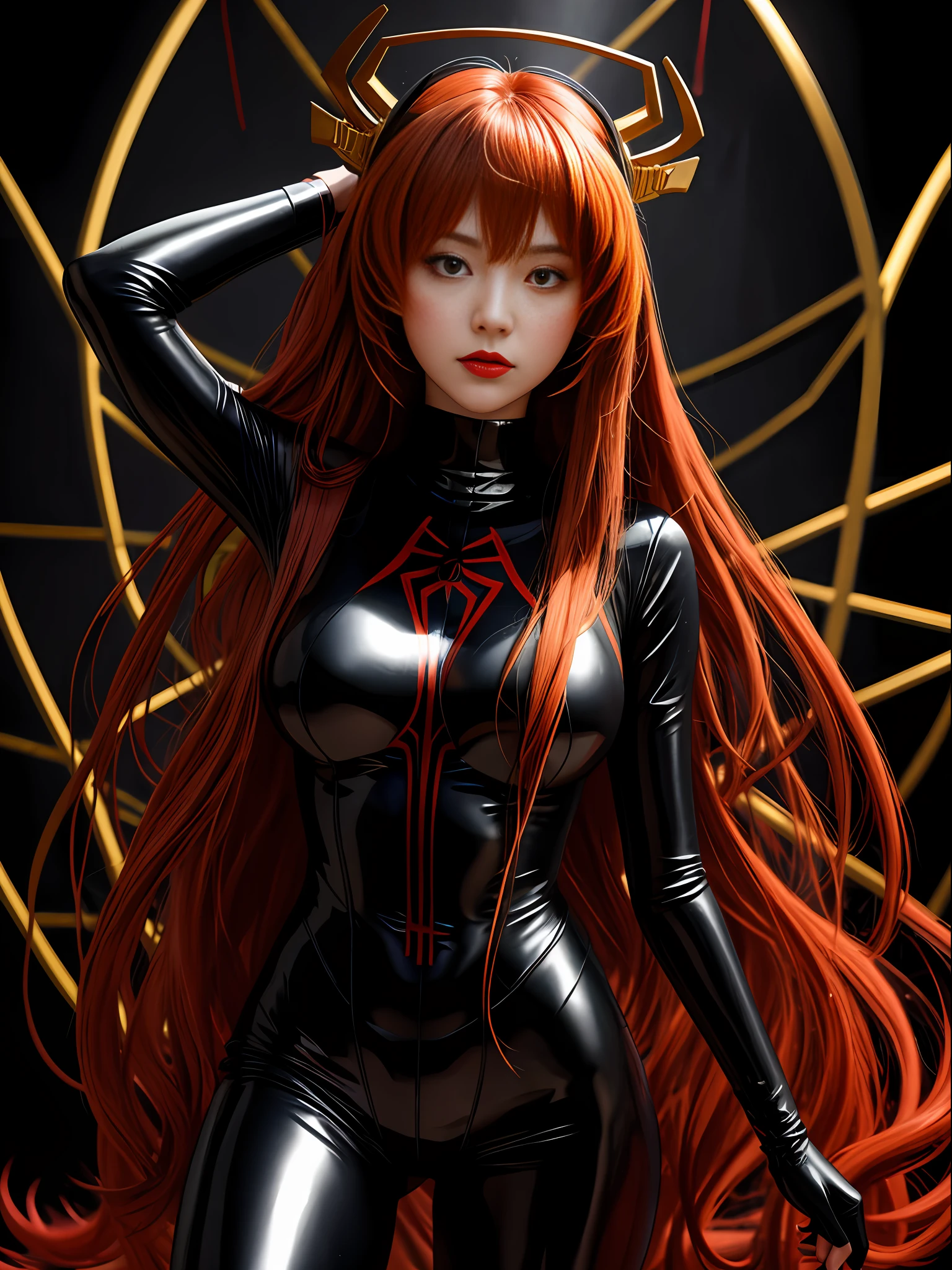 Full body photo, standing, 1 Asuka Langley Soryu in all black Shinobi/Spiderman costume with gold trimmings, immensely large breasts, wearing Oni helmet with demonic characteristics, metal cables attached to the body, looking at the viewer, heavy makeup on her face, red lipstick on her mouth, she is inside a macabre temple with several pointed beams on the walls it is at night and raining a lot, very detailed eyes, very detailed face, uniform eyes, uniform face, body all wet, hair all over wet, perfect anatomy, in fighting pose, fists up, anime, Pixar, Realism, 16k, best quality, highres, award winning, high details, UHD, masterpiece, anatomically correct, ccurate