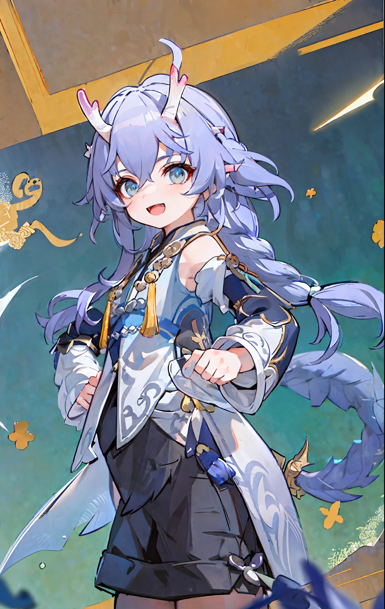 (best quality: 1.3), (masterpiece: 1.3), (illustration: 1.3), (super detailed: 1.3), (imid shot: 0.9), 1girl, solo, very young, upper body, short neck, small chest, Child (soaked in the stream: 1.2), dragon tail, girl, ahoge, blue eyes, jewel eyes, super thin eyes, super thin face, shut up, smile, happy, naughty face, water, fish, ocean, two horns, Hanfu , Oriental Dragon,