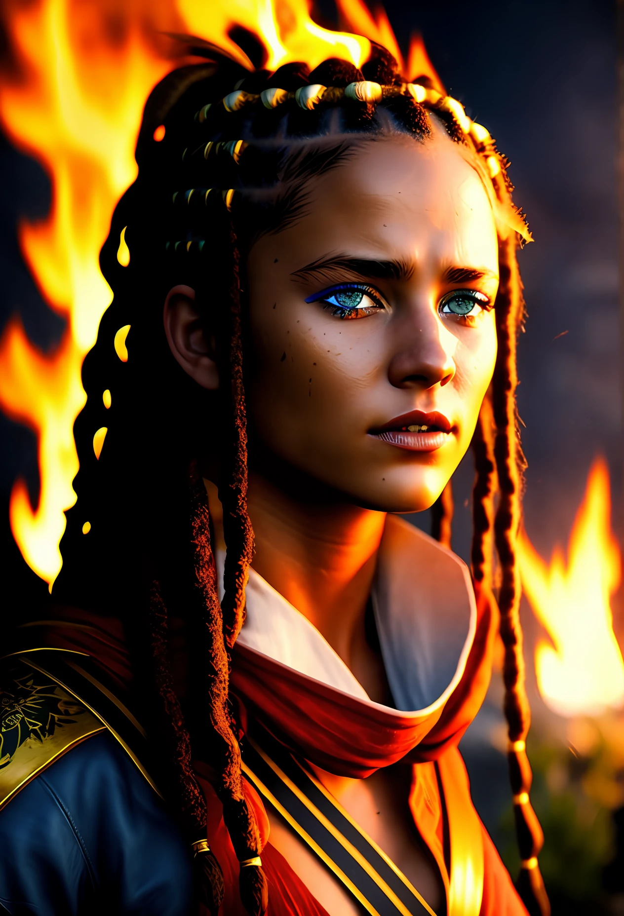 female fighter, dreadlock hair, blue eyes, fire in the background, realistic, 16k, cinematic mode, masterpiece