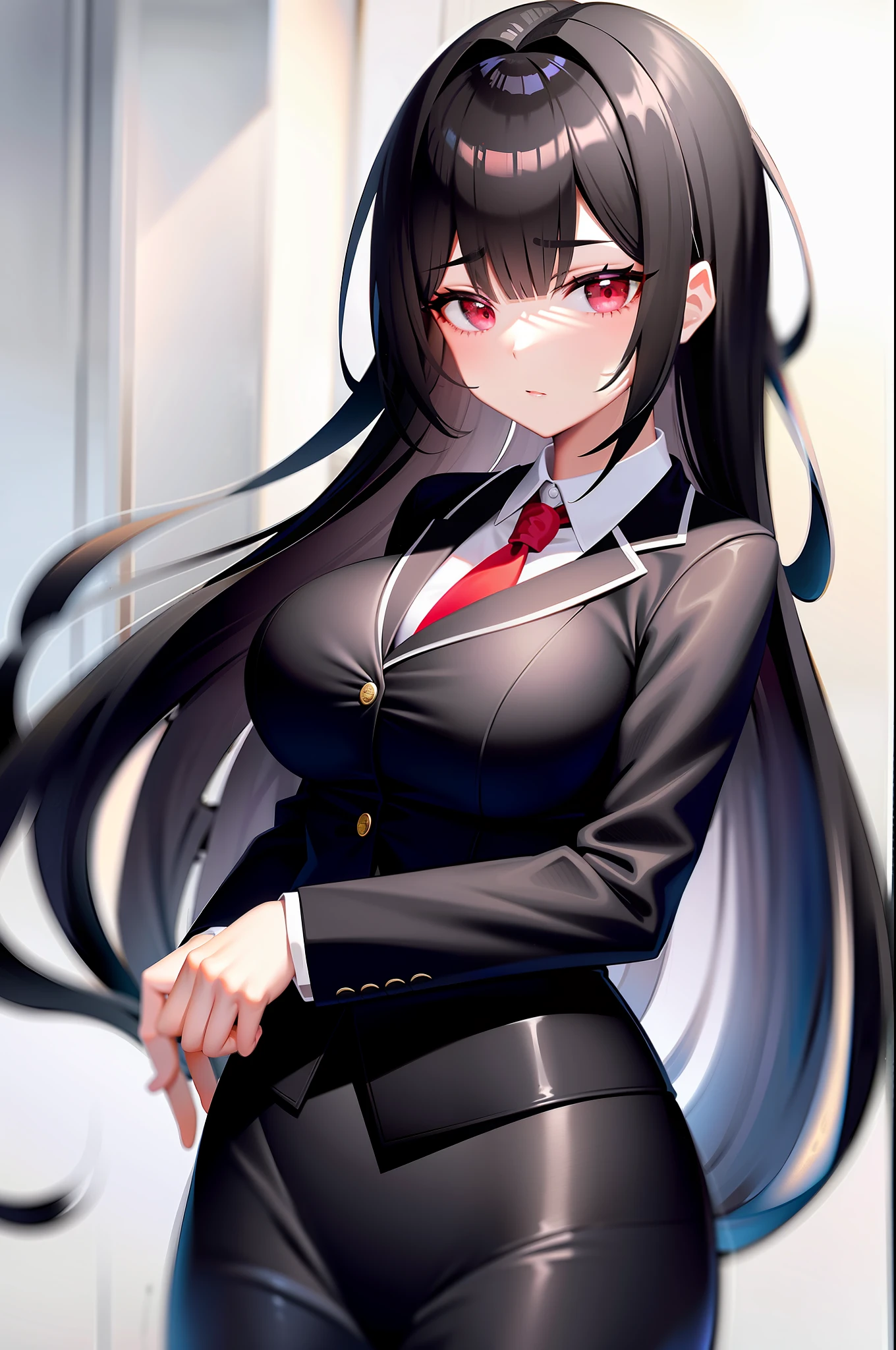 Woman 1, black hair, long hair, big breasts, black suit, white shirt, uniform, skirt, red eyes