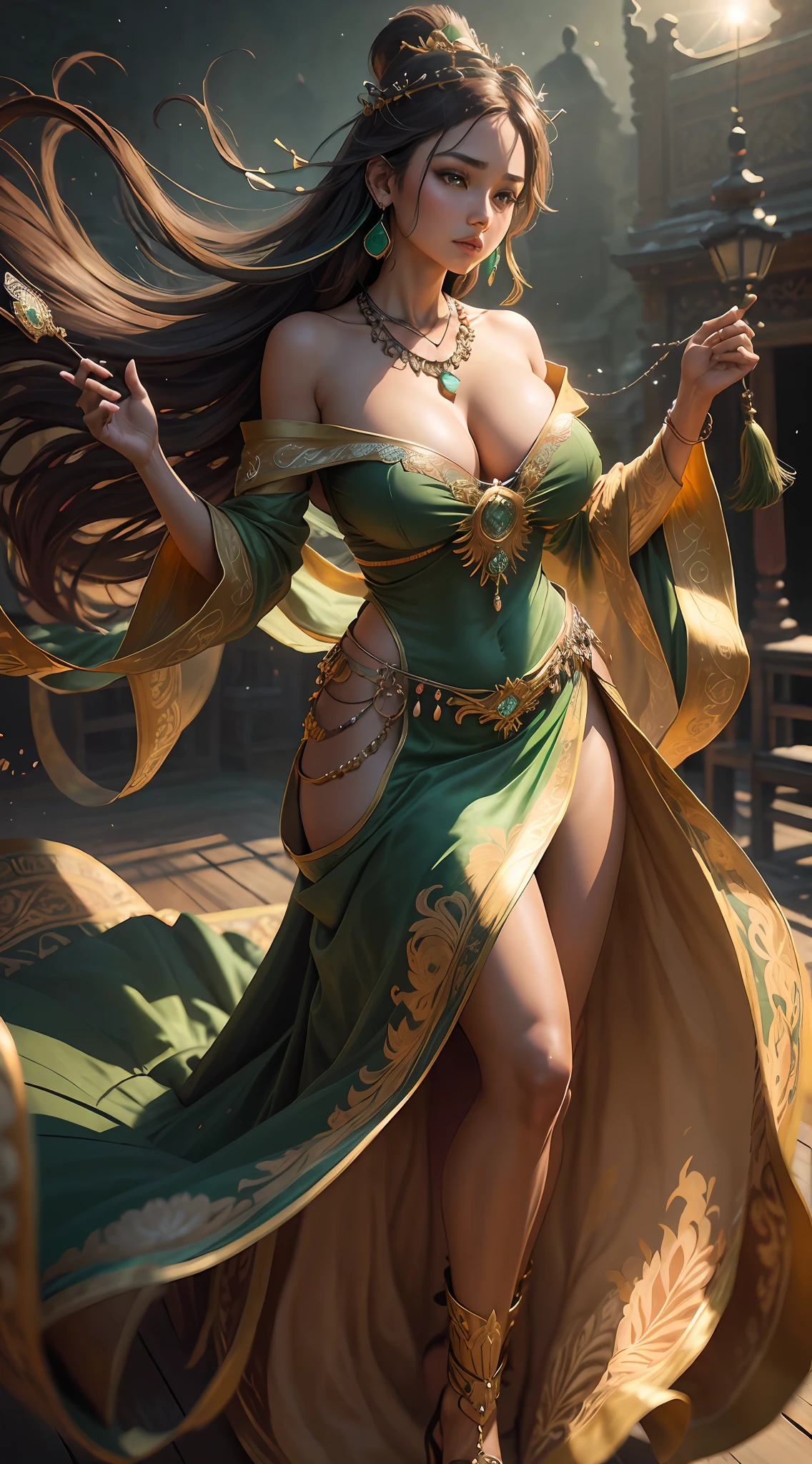 Best quality,masterpiece,ultra-detailed high res,(photorealistic:1.4),raw photo, tanned brown skin,illustration,
1girl dancing,(solo:1.2),(cowboy shot:1.2),(hair crown:1.2), green Traditional chinese dunhuang style clothes,Strapless,(green eyeliner:1.2),(big breasts:1.4), (v-neck:1.5), (big necklace:1.4), lace armour, earrings,dynamic angle,Opera House,messy_long_hair,ink,cinematic lighting,lens_flare,Velvet,chrysanthemum,Tassel,Ribbon, batik color embroidery, underwater scenery