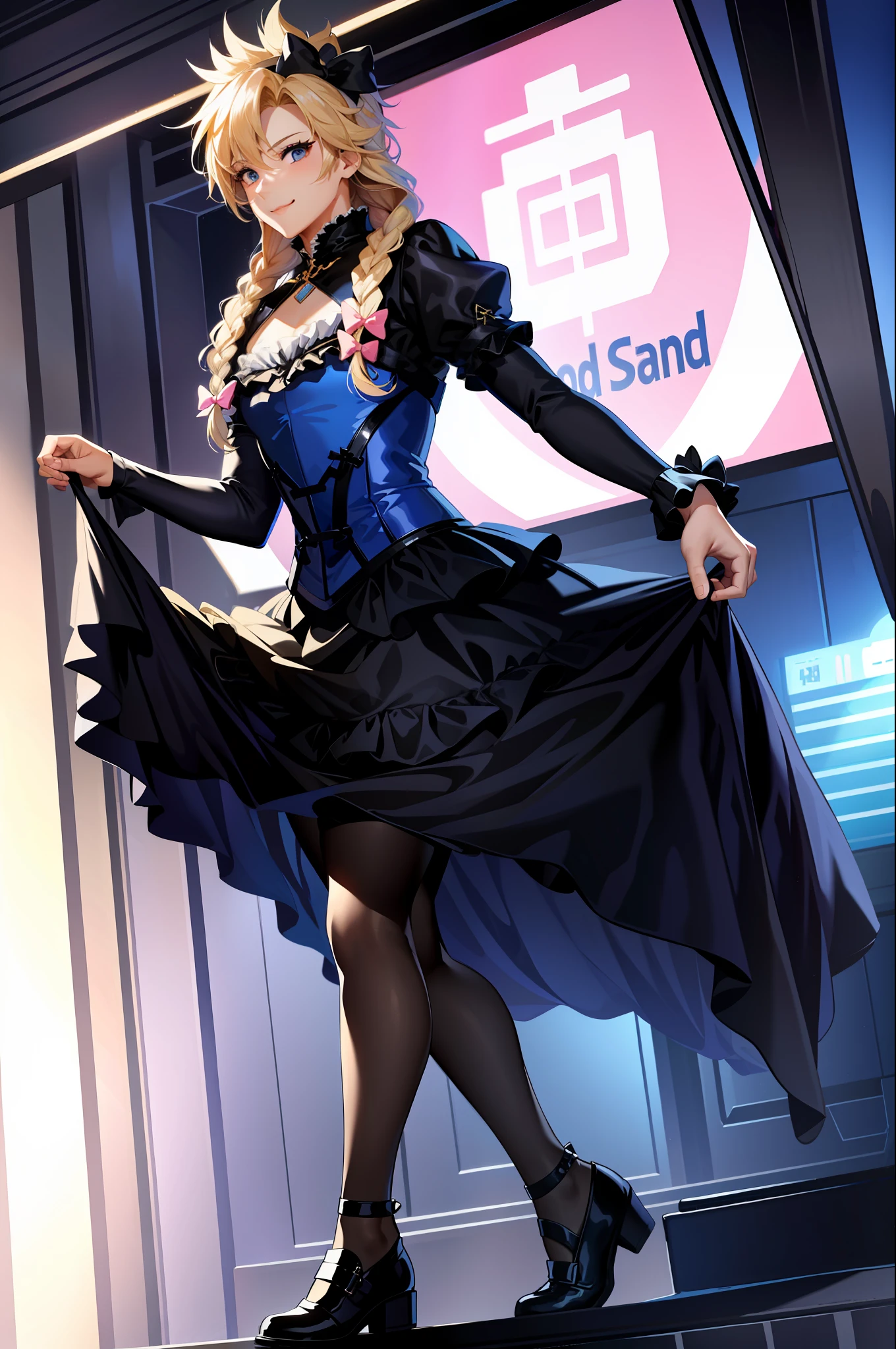 masterpiece, best quality, cloud clash, drag dressing, double braids, male focus, frilled dress, hair bow, smile and beautiful face, look at the audience, lift up skirt, black stockings,
