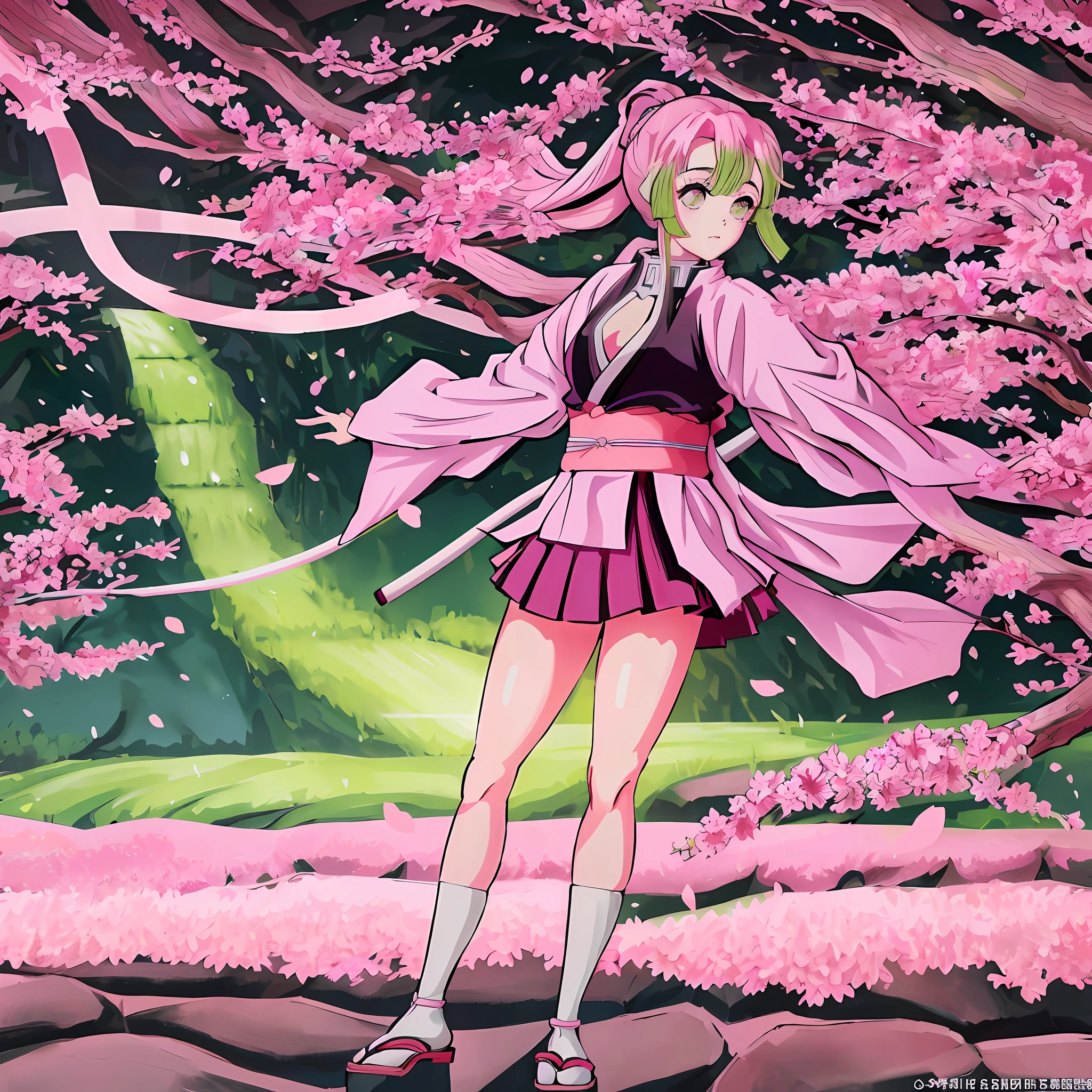 a girl in a sakura forest holding a katana, 1girl, beautyful, ultra detailed, kimetsu no yaiba, cute, solo, fullbody, good anatomy, standing, katana, beautyful body, sakura forest, beautyful legs, beautyful face, high quality, anime, beautyful background, beautyful, kimono, masterpiece