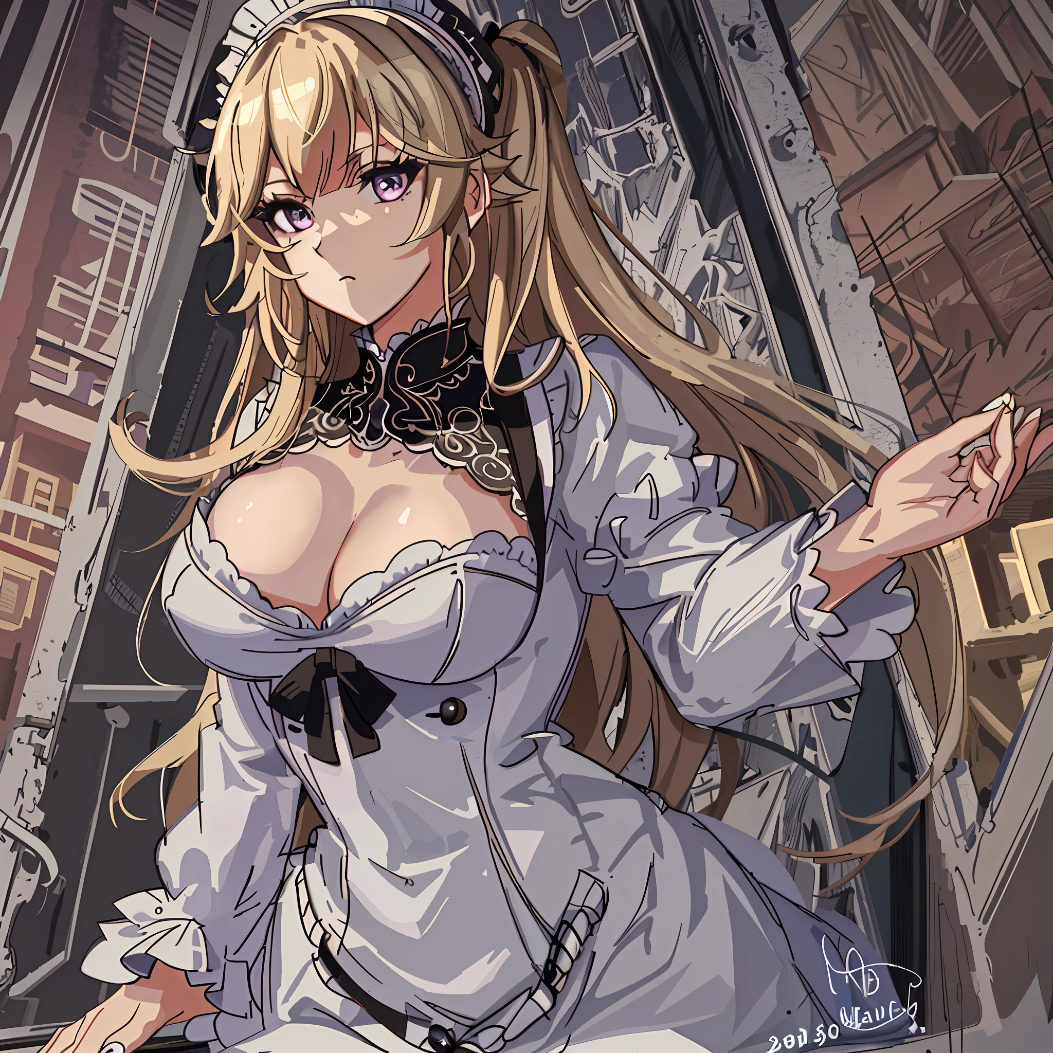 masterpiece, best quality, long eyelashes, eyeliner, eyeshadow, mascara, colorful, pink lips, deep skin, looking at viewer, upper body, 1girl, big breasts, fluffy chest, solo, maid outfit, breast focus, (masterpiece:1.6), (highly_detailed:1.05), (highres:1.05), ultra detailed, 100-layers, extremely detailed, intricate, small details, ultra detailed, detailed eyes, (intricate details, volumetric lighting, cinematic lighting, award-winning, macro vivid colors, rule of thirds, majestic, detailed, elegant), colorful, realistic lighting, breasts hold, nsfw, enormous breasts,bare breasts, twintails, Blonde hair, long hair