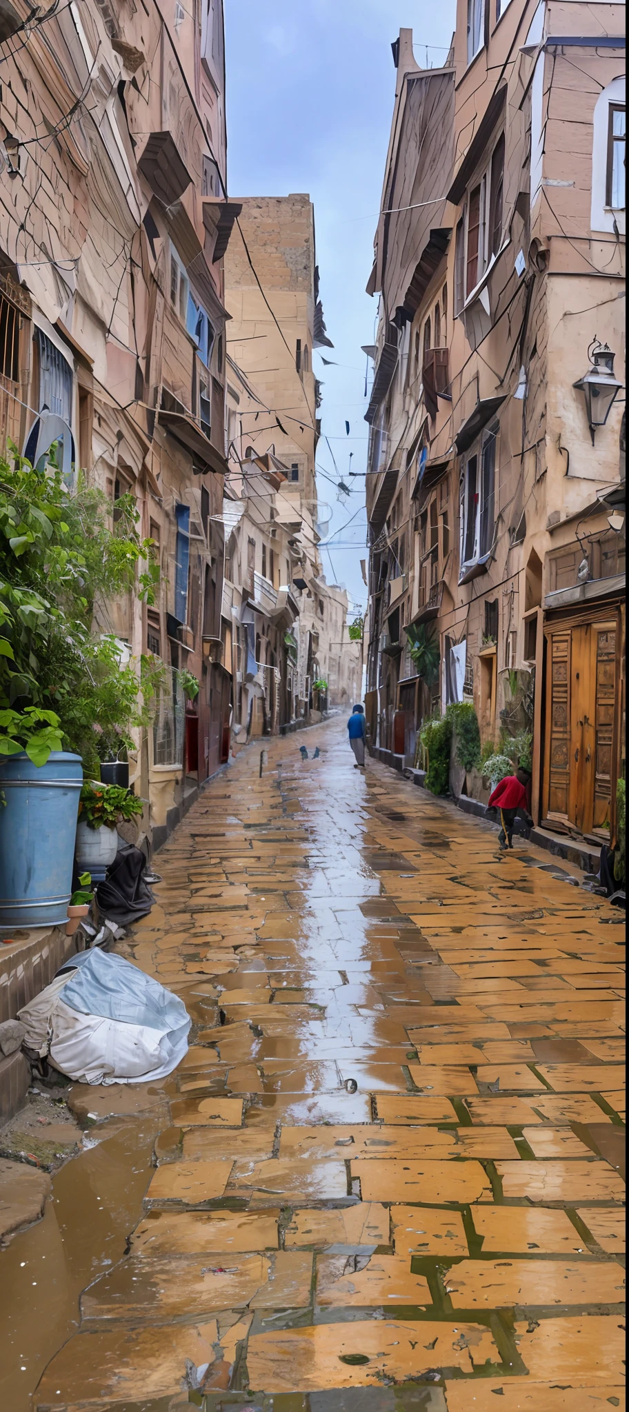 There is a wet street in the old city of Sana'a, the alley of the old city of Sana'a Yemen, the street of the old city of Sana'a, the old city of Yemen, the streets of the old city behind it, the old city, Yemen, old Sana'a, Sana'a is my soul, Yemeni historical buildings, buildings of world heritage, Yemeni architecture, street paved with natural stones, Yemeni style buildings, residential buildings, right after the rain, wet street, day after the rain