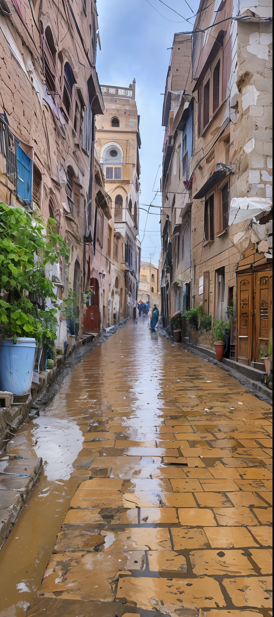 There is a wet street in the old city of Sana'a, the alley of the old city of Sana'a Yemen, the street of the old city of Sana'a, the old city of Yemen, the streets of the old city behind it, the old city, Yemen, old Sana'a, Sana'a is my soul, Yemeni historical buildings, buildings of world heritage, Yemeni architecture, street paved with natural stones, Yemeni style buildings, residential buildings, right after the rain, wet street, day after the rain