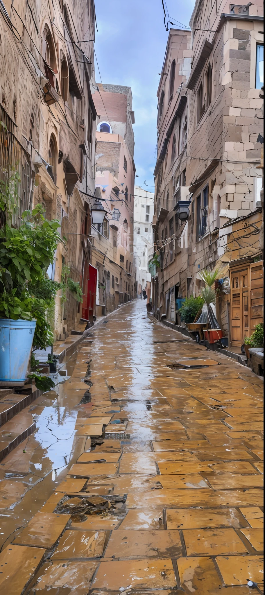 There is a wet street in the old city of Sana'a, the alley of the old city of Sana'a Yemen, the street of the old city of Sana'a, the old city of Yemen, the streets of the old city behind it, the old city, Yemen, old Sana'a, Sana'a is my soul, Yemeni historical buildings, buildings of world heritage, Yemeni architecture, street paved with natural stones, Yemeni style buildings, residential buildings, right after the rain, wet street, day after the rain