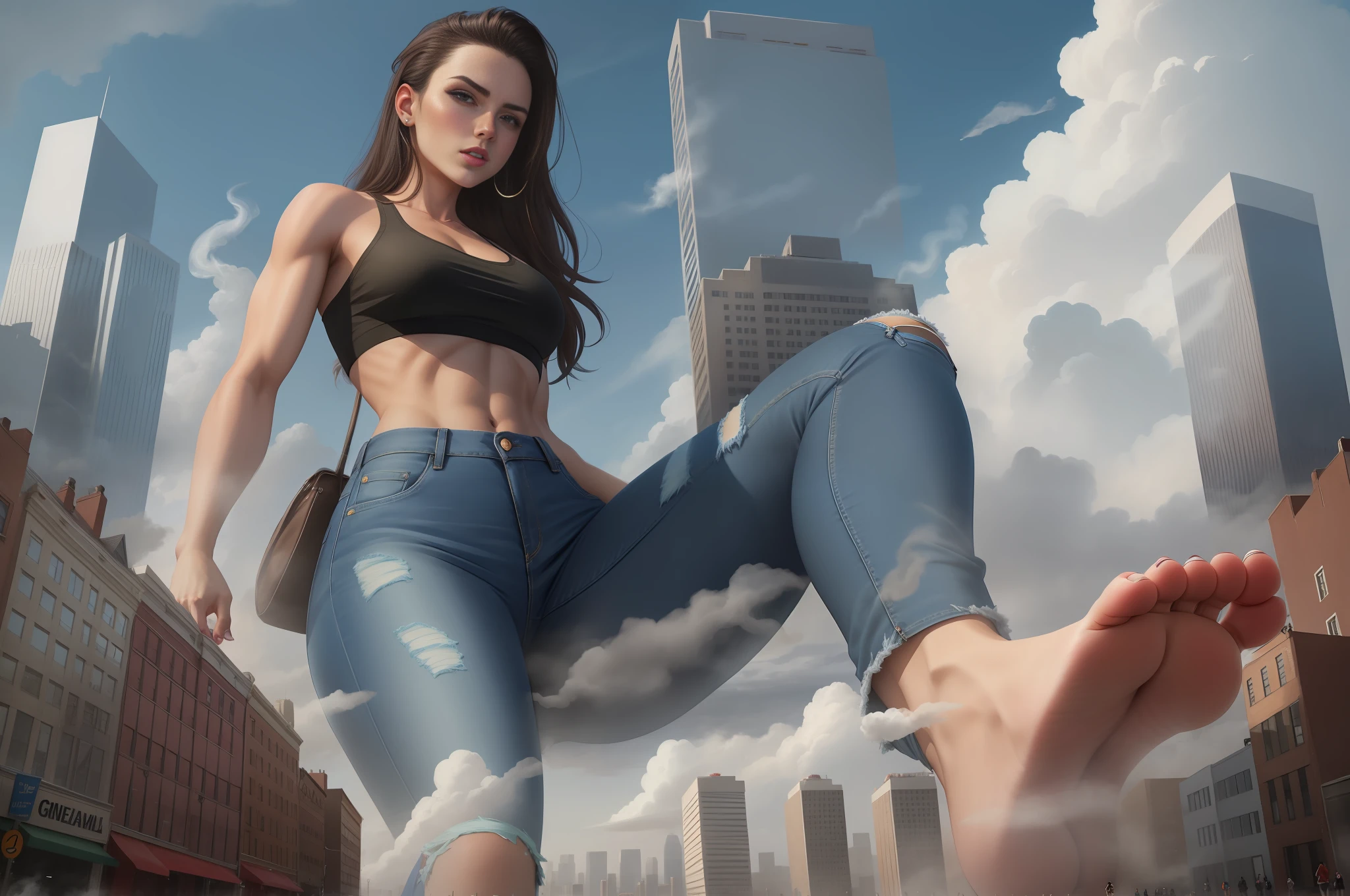 Giantess wearing crop top and jeans, barefoot, athletic body, gts city, city buildings, smoke, clouds, evil