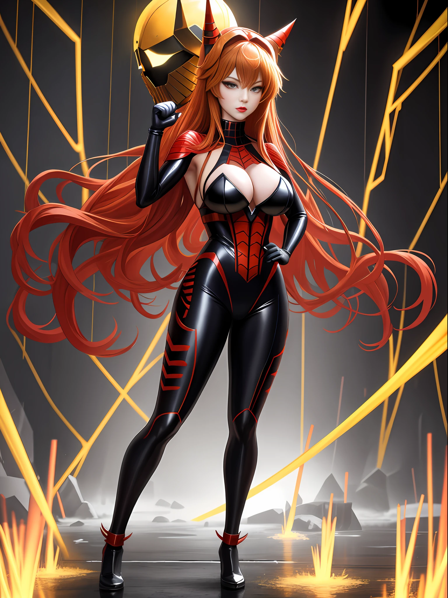 Full body photo, standing, 1 Asuka Langley Soryu/Zombie in Shinobi/Spiderman costume all black with gold trimmings, immensely large breasts, wearing Oni helmet with demonic characteristics, metal cables attached to the body, looking at the spectator, heavy make-up on her face, red lipstick on her mouth, she is inside a macabre temple with several pointed beams on the walls, it's night and it's raining a lot, body completely soaked in water, hair all soaked in water, perfect anatomy, in pose of fight, fists up, anime, Pixar, Realism, 16k, best quality, highres, award winning, high details, UHD, masterpiece, anatomically correct, ccurate