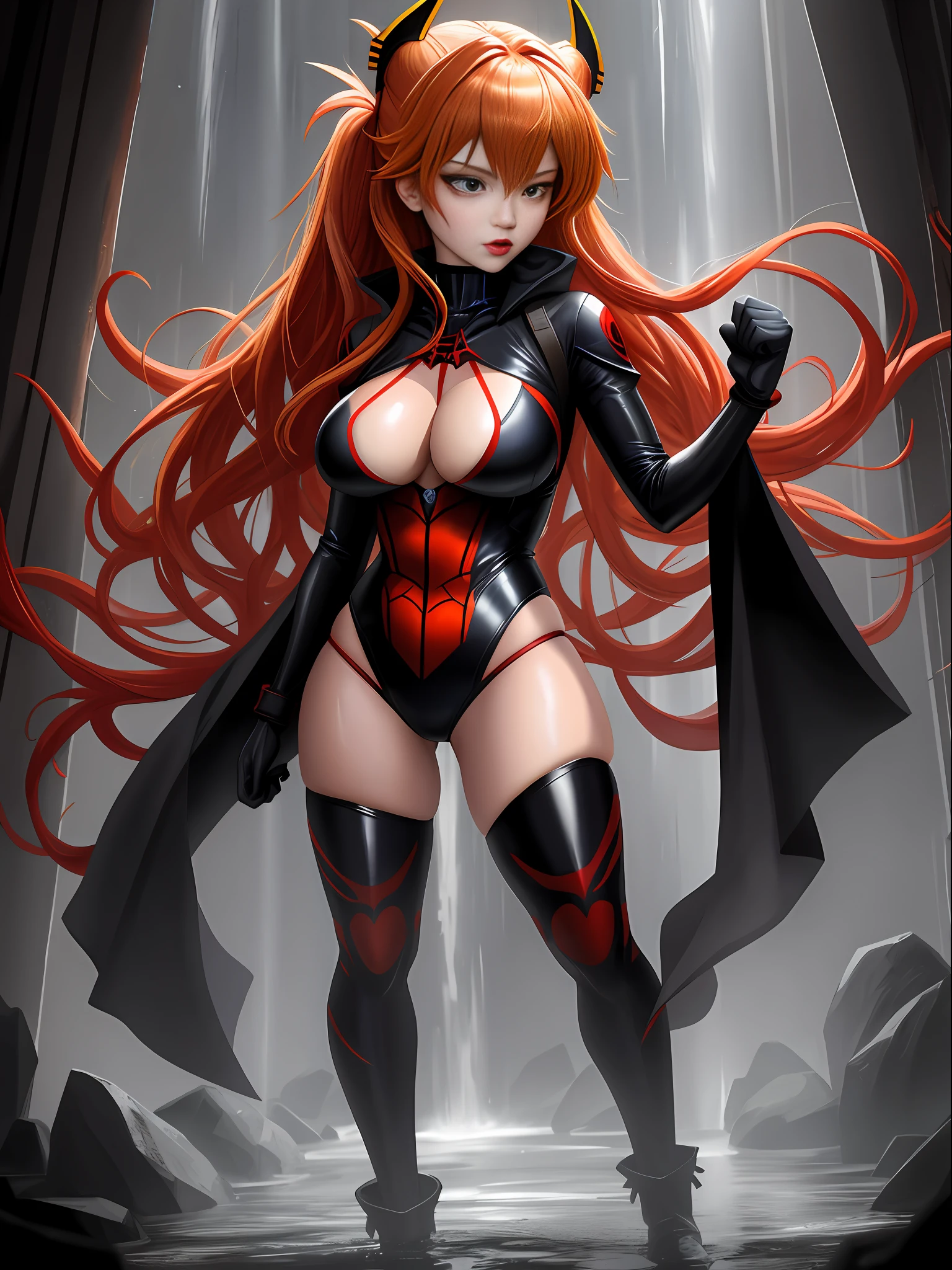 Full body photo, standing, 1 Asuka Langley Soryu/Zombie in Shinobi/Spiderman costume all black with gold trimmings, immensely large breasts, wearing Oni helmet with demonic characteristics, metal cables attached to the body, looking at the spectator, heavy make-up on her face, red lipstick on her mouth, she is inside a macabre temple with several pointed beams on the walls, it's night and it's raining a lot, body completely soaked in water, hair all soaked in water, perfect anatomy, in pose of fight, fists up, anime, Pixar, Realism, 16k, best quality, highres, award winning, high details, UHD, masterpiece, anatomically correct, ccurate