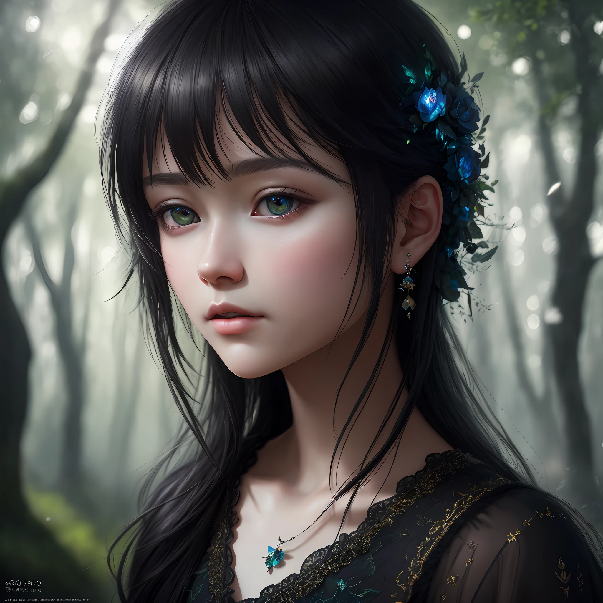 Black hair, masterpiece, top quality, high quality,highly detailed CG Unity 8k wallpaper, towering trees, hidden fairy glow, enchanting and dreamy scenes of fantasy forest creating a sense of mystery and enchantment, art station, digital illustration, complex, trending, pastel colors, oil paying, award-winning photography, bokeh, depth of field, HDR, bloom, chromatic aberration, photorealistic, highly detailed, trending in art station, trending in CGsociety, complex, high detail, dramatic, art by mid-journey, surrealism, 8k, super detail, professional angle, idle face, style good,