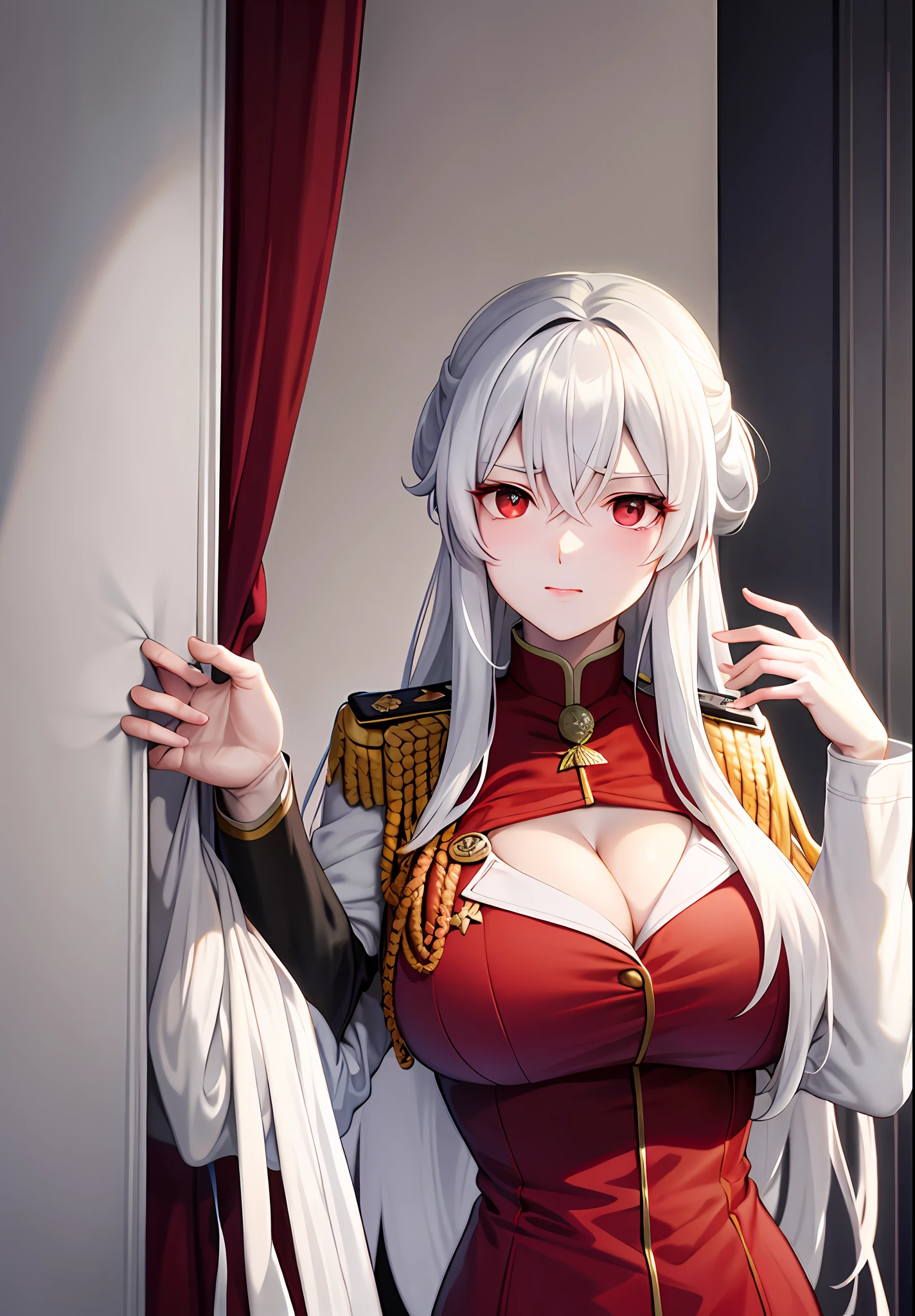 White hair, big breasts, cleavage, red eyes, long hair, uniform, white military uniform