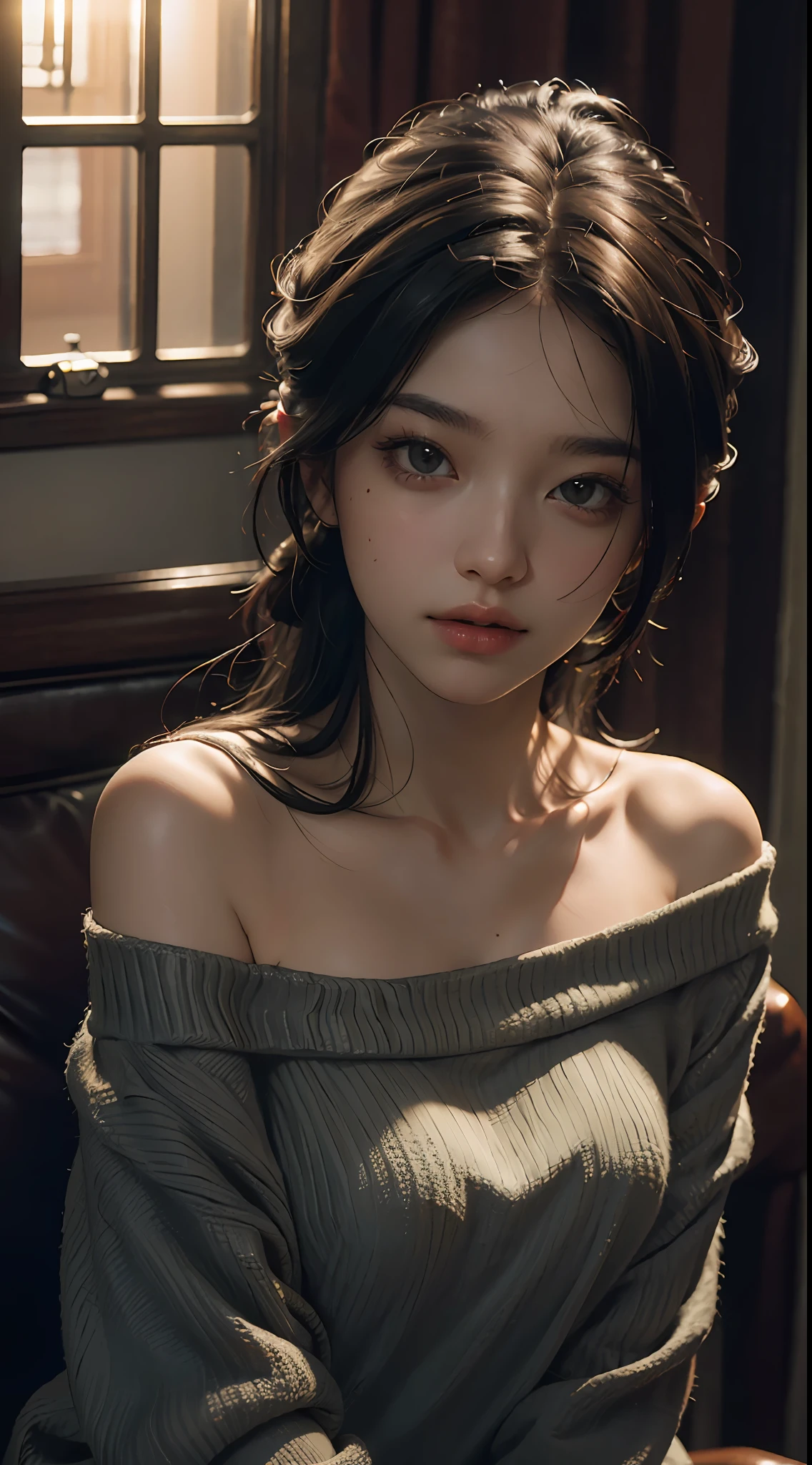 Best quality, masterpiece, ultra high res, (photorealistic:1.4), raw photo, 1girl, off shoulder, cinematic lighting