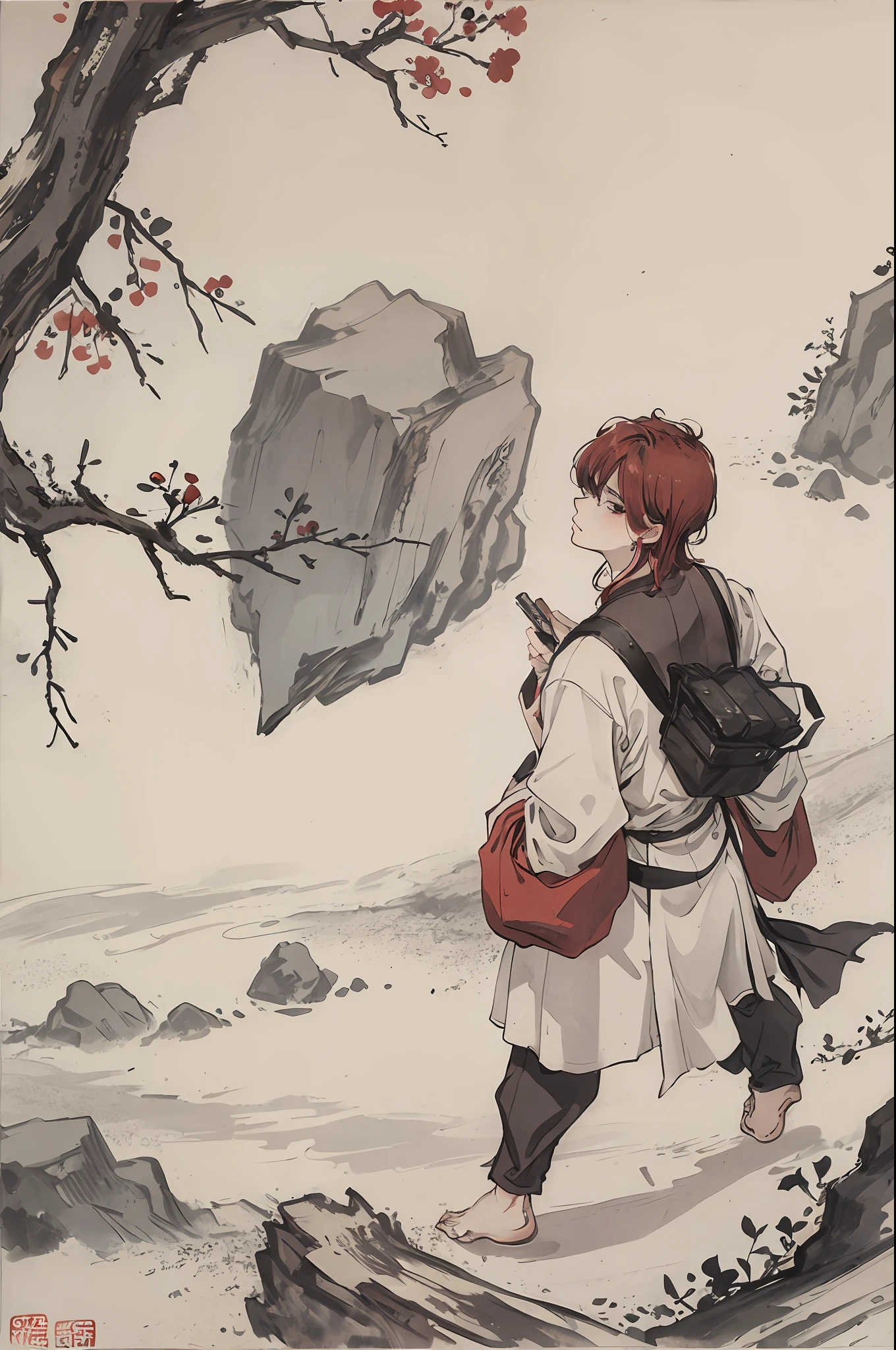 (masterpiece, best quality: 1.2), traditional Chinese ink painting, a man, short red hair, 22 years old, white skin, hair back, shirtless, mascule