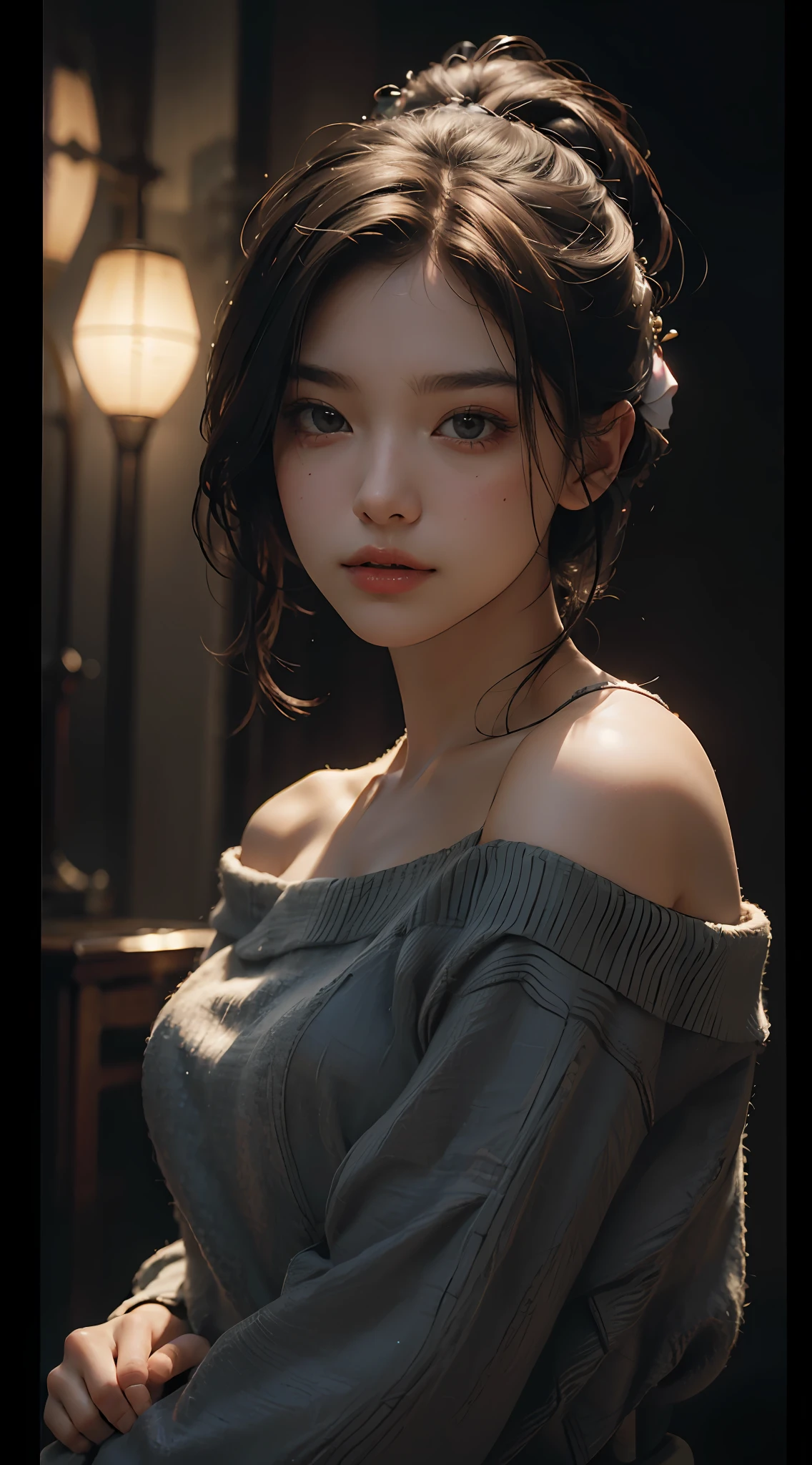 Best quality, masterpiece, ultra high res, (photorealistic:1.4), raw photo, 1girl, off shoulder, cinematic lighting
