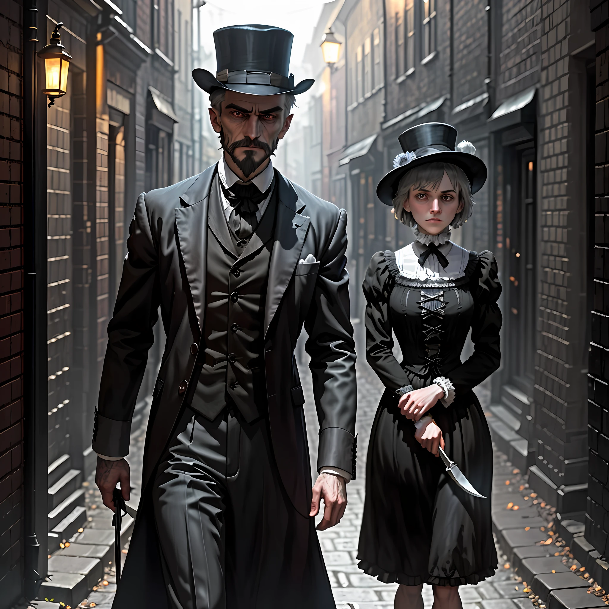 "Create a realistic image that depicts Jack the Ripper as he was described at the time of the Whitechapel murders. The central figure of the image is a tall, slender man wearing typical working-class clothing from the Victorian era. He has a wide-brimmed hat that partially obscures his face, adding to the air of mystery that surrounds him. His face, illuminated by dim street lanterns, reveals an unsettling expression. He has a thin beard and piercing eyes that seem to reflect a calculating, dark mind.

The scene depicted in the image takes place in a narrow, dimly lit alley of Whitechapel. The brick walls are covered in shadows cast by the lanterns, creating a dark and menacing atmosphere. Jack the Ripper is shown holding a sharp knife with one hand while the other is extended in a sinister gesture.

Around him, women in modest dresses and tired faces are depicted in tense and fearful poses. Their eyes reflect the fear and vulnerability that pervaded their lives back then. The image should convey the sense of imminent danger, with the specter of Jack the Ripper looming over them.

The color palette is dominated by dark and somber tones, with dim lighting coming from the street lanterns. The addition of atmospheric details, such as mist or smoke, helps accentuate the sense of tension and mystery in the image.