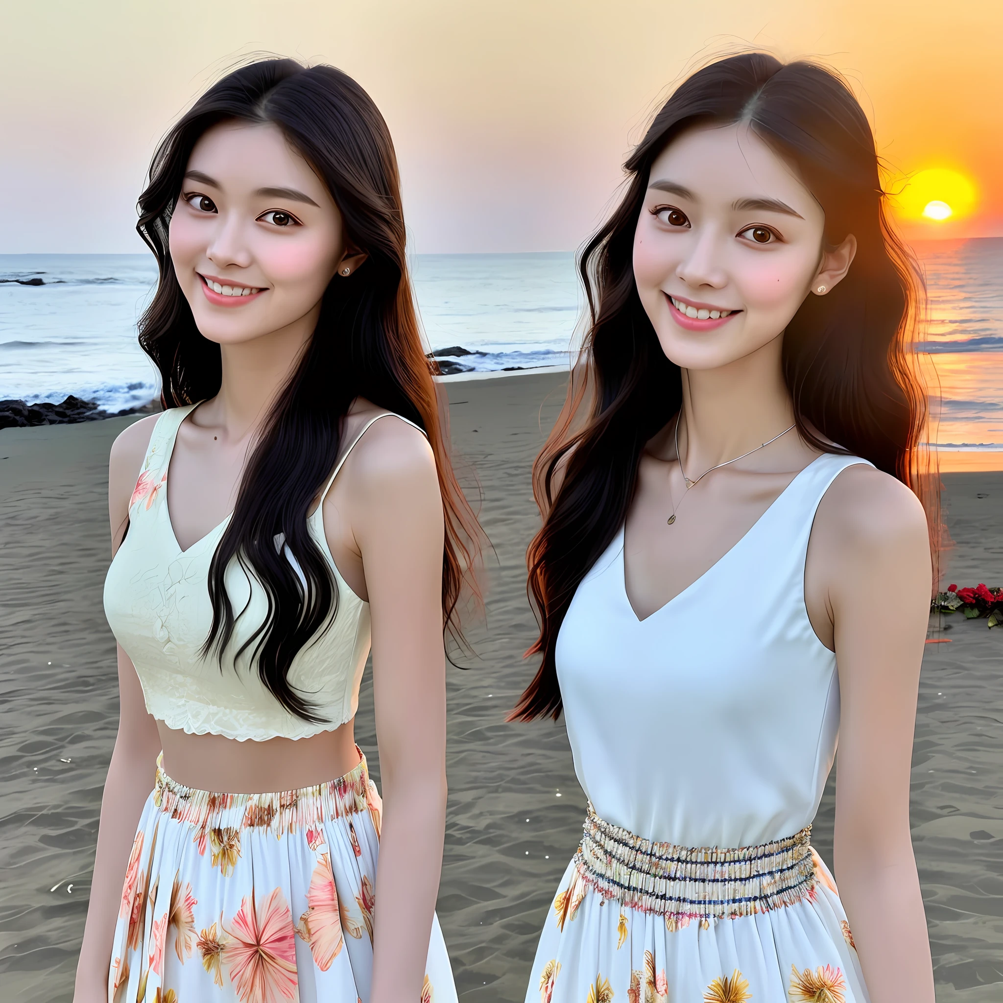 Young girl, extremely beautiful and delicate, long black curly hair, waist length, extremely delicate hair sweet smile, white skin red, delicate and complete features, big eyes, double eyelids, long eyelashes, shallow dimples, smile, detailed face portrayal, high nose bridge, red lips, realism, collarbone, long neck, 8K image quality, highest image quality, 8k resolution, goddess, fine facialres, collarbone chain, ((broken flower long skirt))), sunshine, facing the camera, good figure, gentle eyes, Standing posture, walking on the beach by the sea, the sunset in the distance, the beautiful sky, the distant blur, the detailed portrayal of the characters, the whole body photo