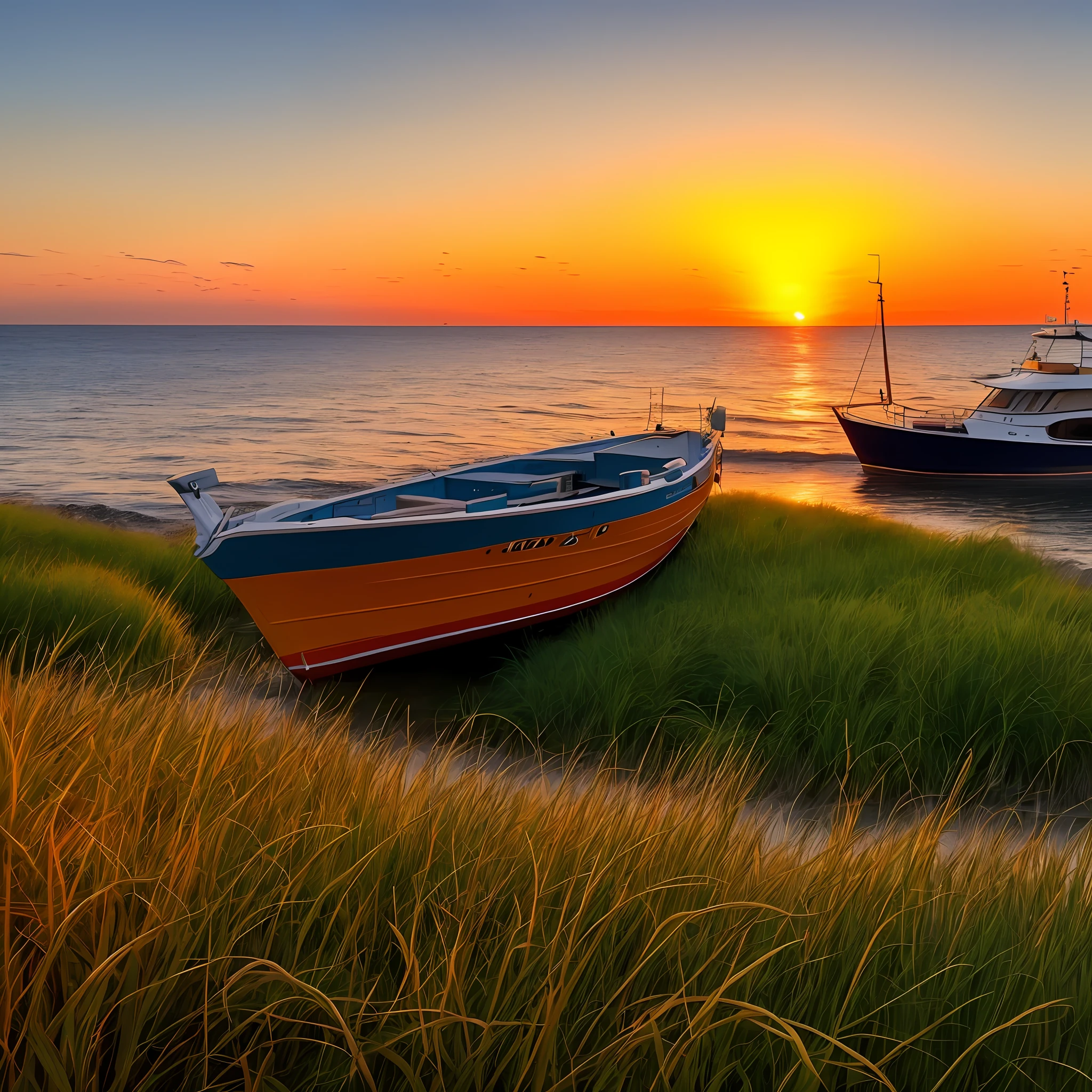 Grass, sunset, beach, boat, orange sunset