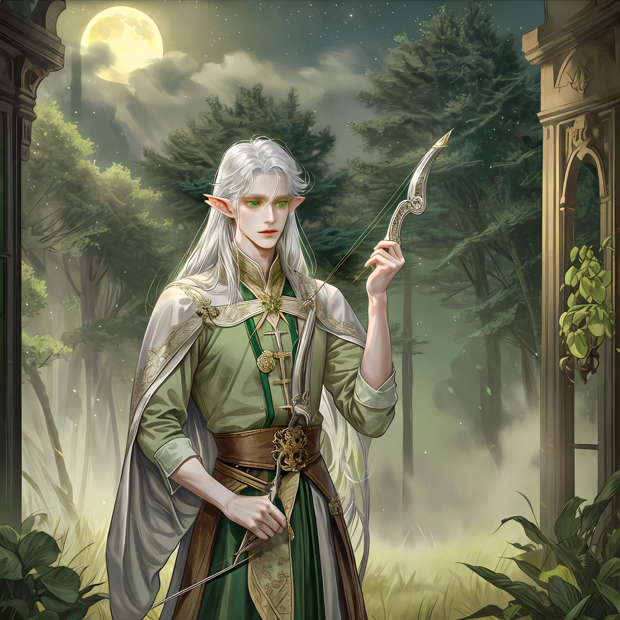 1 man, gorgeous looking, slender body, honey-colored skin, elf ears, silver hair, light green eyes, long straight hair, archery gesture, background detail, bow holder, dense forest, fantasy, night light, moon, owl,