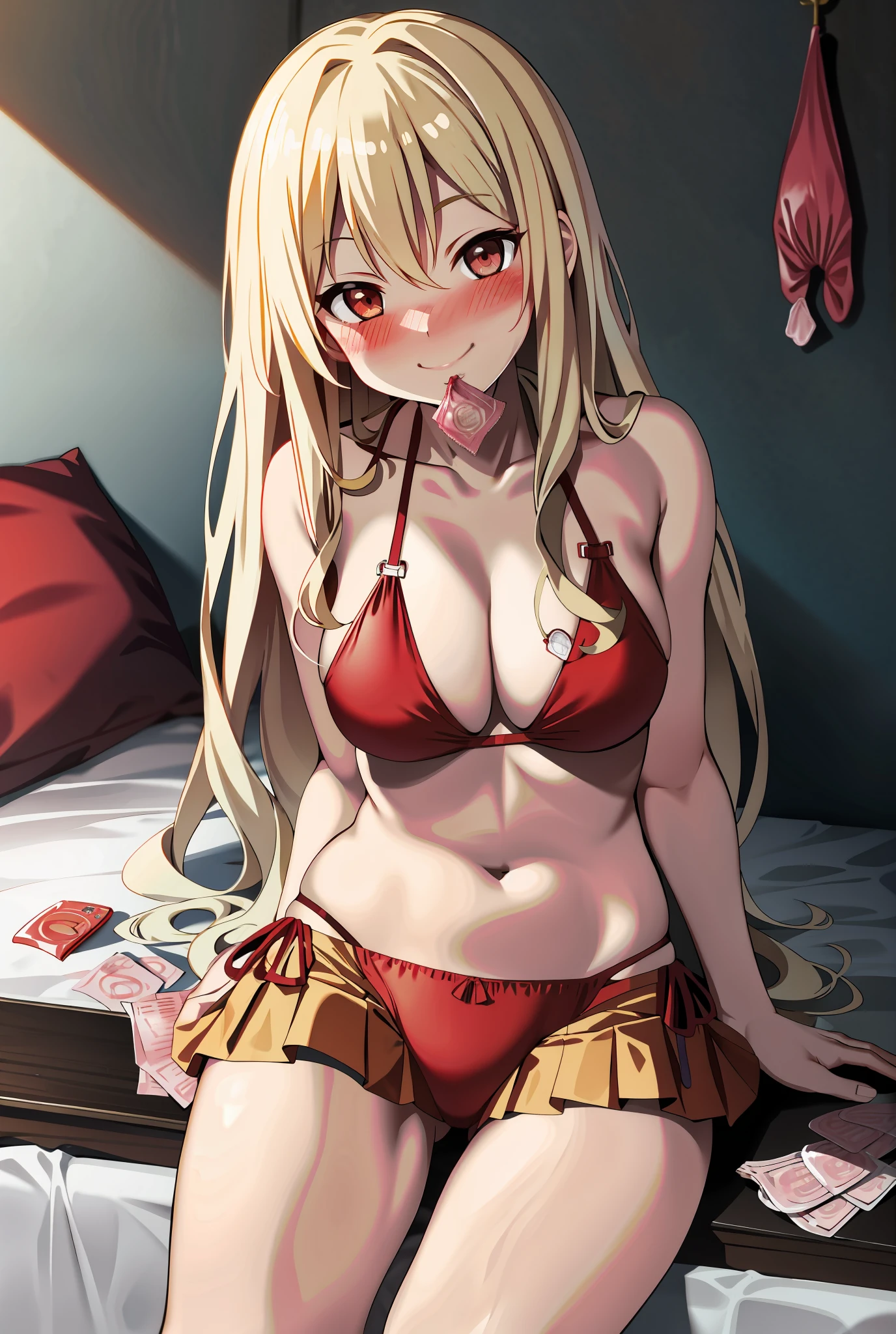 Blonde long hair, red bikini, busty, smiling, sitting on bed, (blushing face:1.3), ((condom on mouth)), cowboy shot