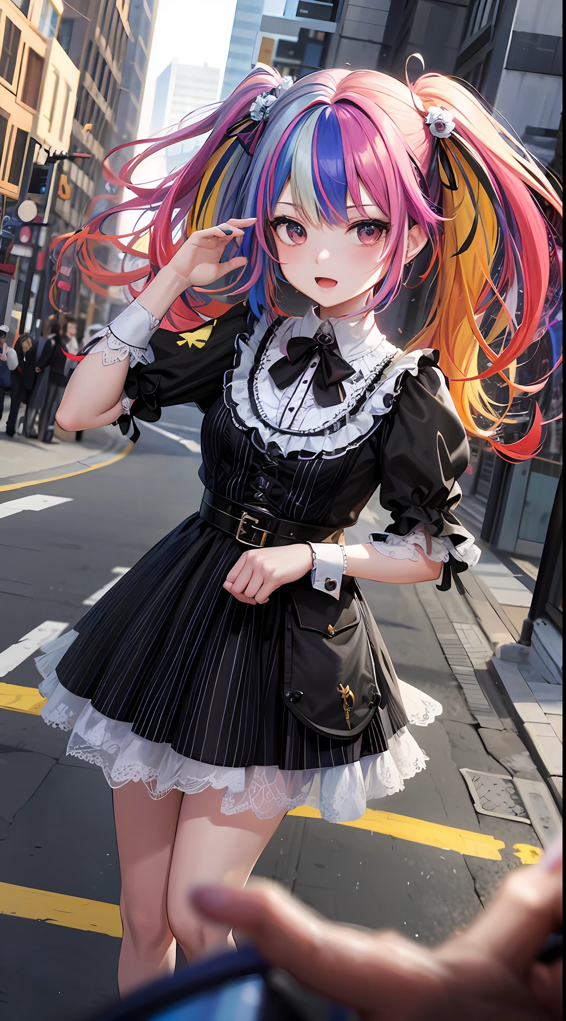 anime girl with colorful hair and a black dress on a city street, anime girl wearing a black dress, cute anime waifu in a nice dress, gothic maiden anime girl, school girl in gothic dress, anime girl in a maid costume, loli in dress, portrait of magical lolita girl, 1 7 - year - old anime goth girl, anime girl cosplay