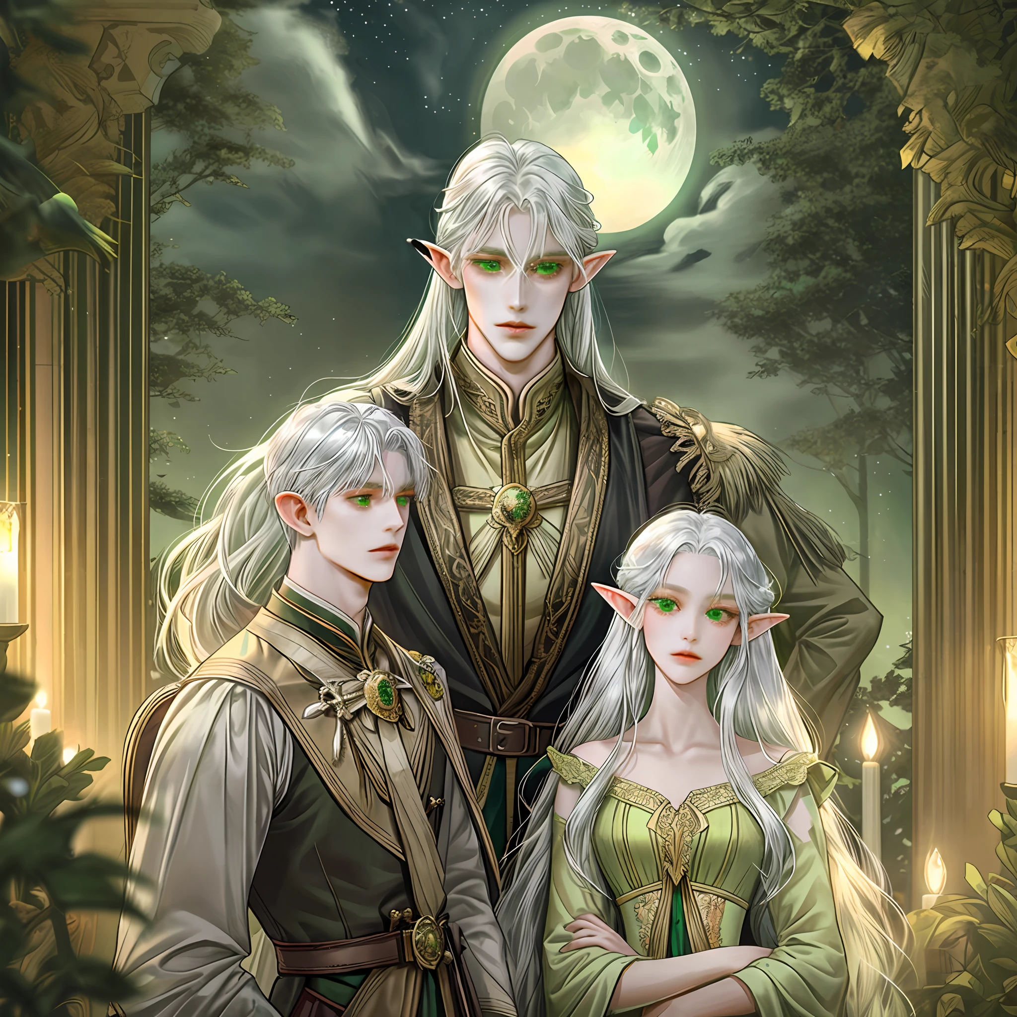 1 man, gorgeous looking, slender body, honey-colored skin, elf ears, silver hair, light green eyes, long straight hair, archery gesture, background detail, bow holder, dense forest, fantasy, night light, moon, owl,