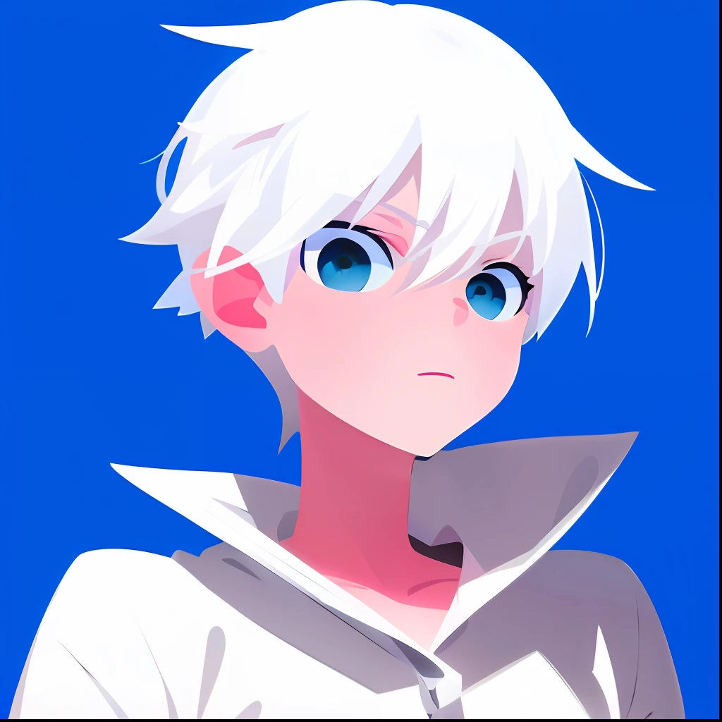 Anime boy with white hair and blue eyes looking to the side, inspired by Goro Fujita, 2d anime style, white clothes, flat anime style shadow, short white hair girl, anime boy, flat anime style, produced by anime painter studio, Kaoru Nagisa, 2d anime, (2d illustration), 2d illustration, 2d portrait, wireless