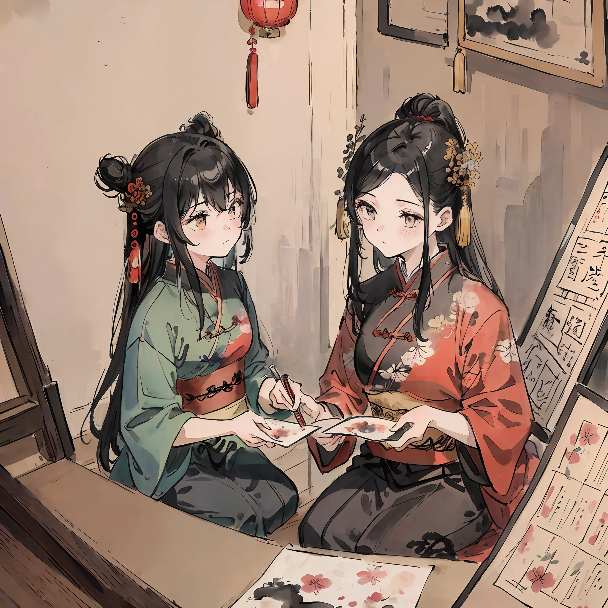 (Masterpiece, Top Quality: 1.2), Traditional Chinese Ink Painting, (2 Girls: 1.2), Shuimovi Sim, Shkezma, Hanfu,