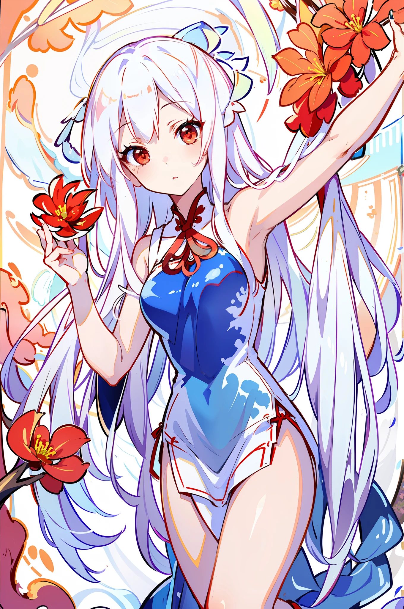 (Masterpiece), the best quality, ultra-detailed, extremely delicate and beautiful, floating, high resolution,

[(Elegant cheongsam dress, 1 girl, white hair, (red eyes: 1.2), dynamic pose, white and red flowers, clouds, watercolors, beautiful and vivid depictions): 1.0]