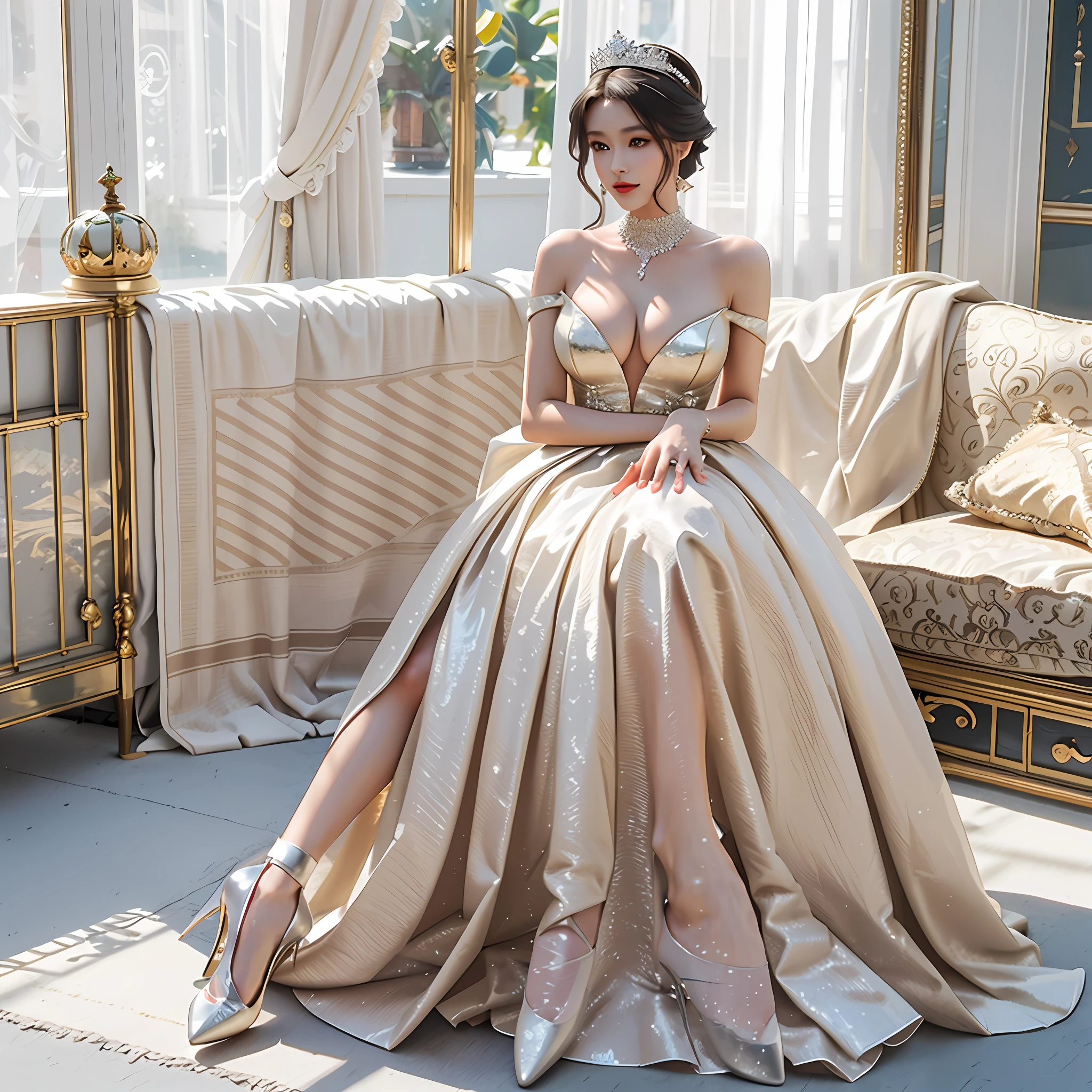 Elegant princess, half squat, jewelry, princess crown, flesh light evening dress, thin sole pointed toe heels, stiletto heels, big breasts, white skin, 8k
