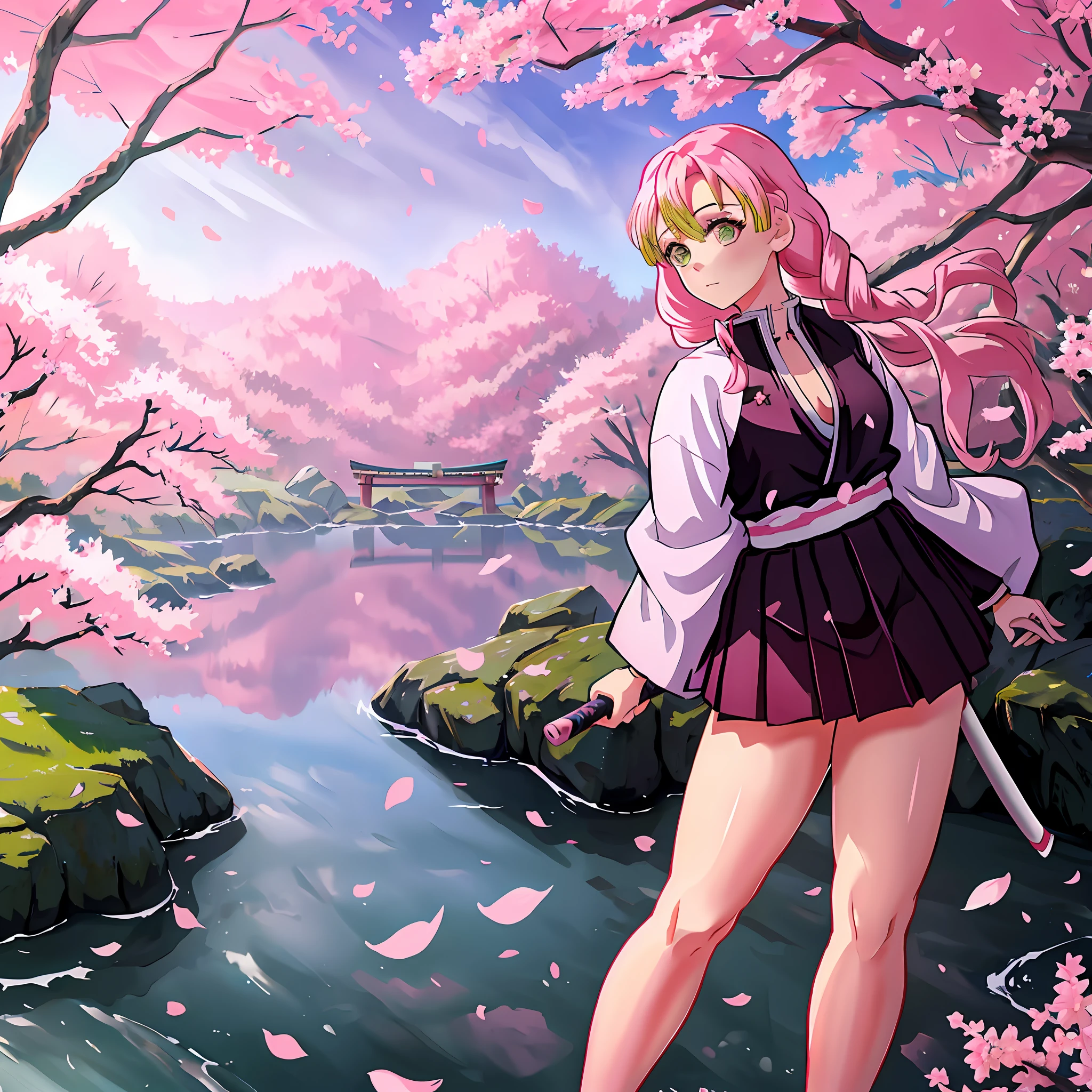 a girl in a sakura forest holding a katana, 1girl, beautyful, ultra detailed, kimetsu no yaiba, cute, solo, fullbody, good anatomy, standing, katana, beautyful body, sakura forest, beautyful legs, beautyful face, high quality, anime, beautyful background, beautyful, kimono, masterpiece, detailed hand, detailed legs, detailed face, detailed katana