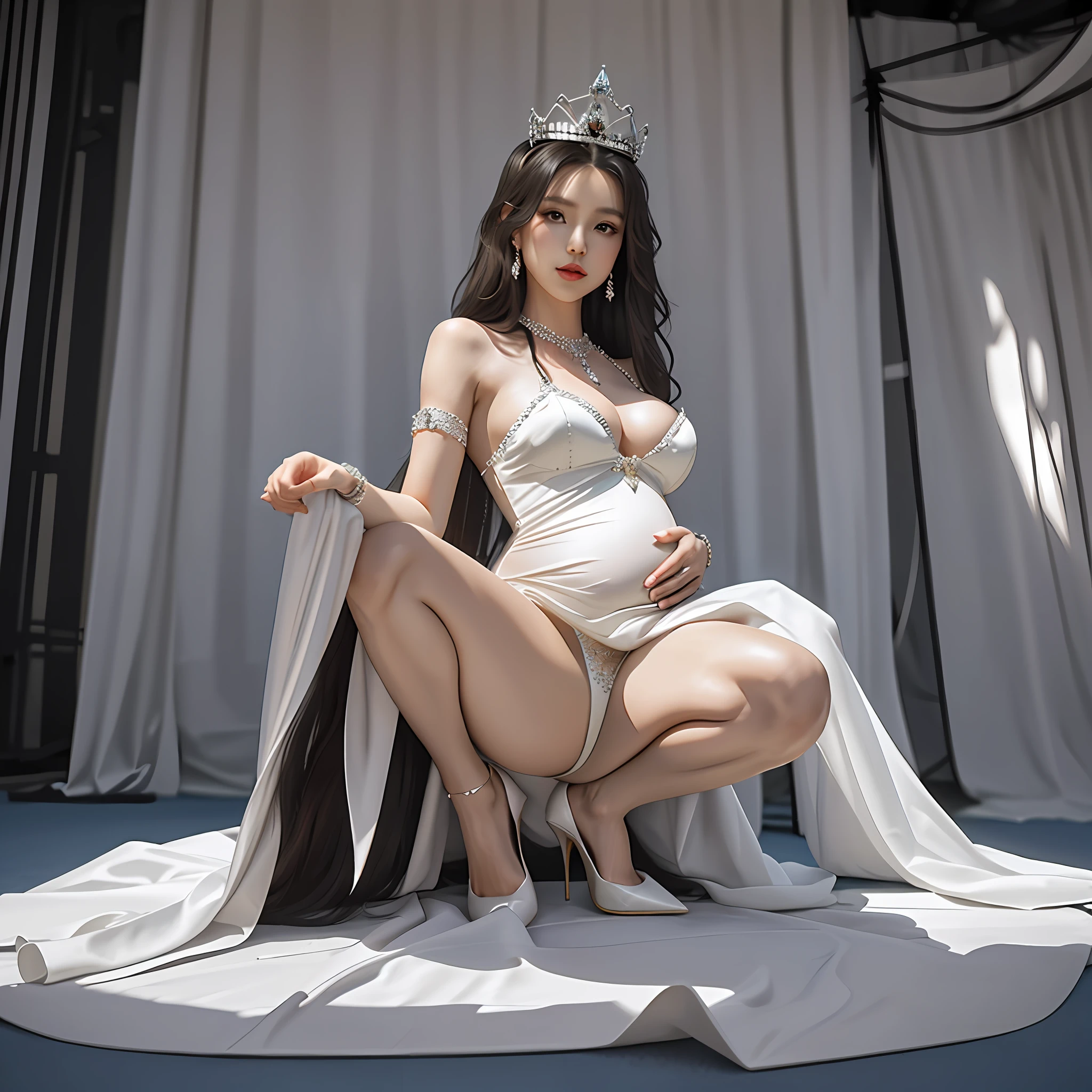 Elegant princess, half squat, jewelry, princess crown, fleshy light evening dress, thin sole pointed toe heels, stiletto heels, big breasts, white skin, 8k, pregnant belly