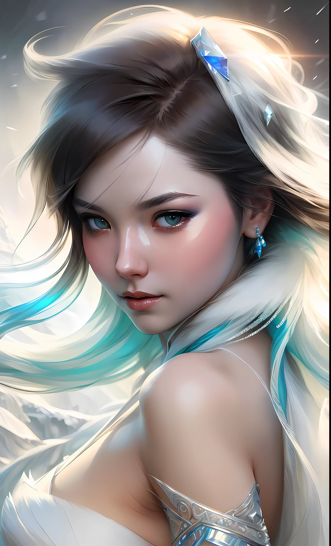 THe Mysterious ICE PRINCESS, intricate, elegant, highly detailed, majestic, digital photography, art by artgerm and ruan jia and greg rutkowski surreal painting, (masterpiece, sidelighting, finely detailed beautiful eyes: 1.2), hdr, dark background, 8k resolution