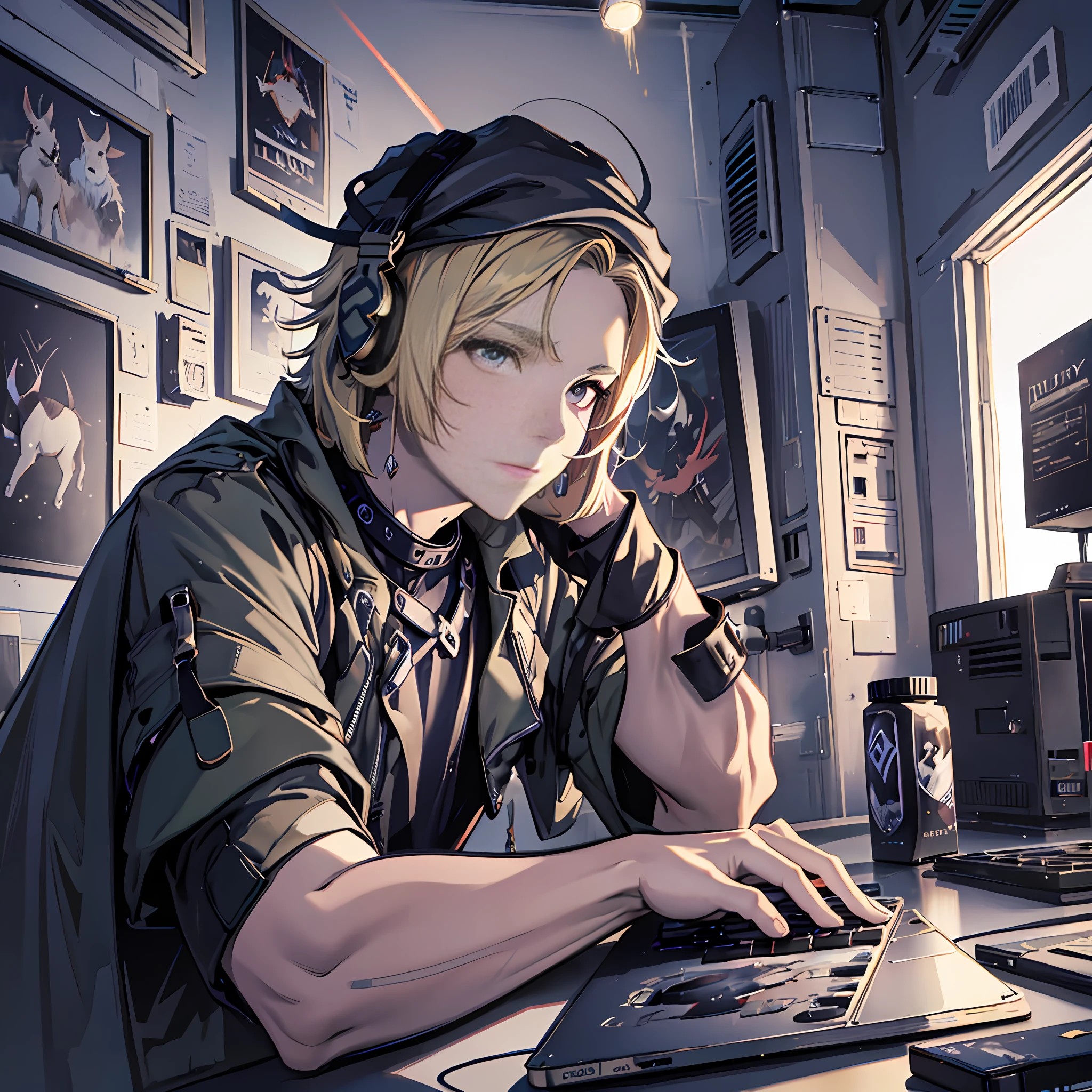 (Fidelity: 1.4), cartoon minotaur, male, fantastic, young man, holding keyboard, masterpiece, black clothes, best illustration, 8k uhd, high quality, sitting in front of a computer, making art poster