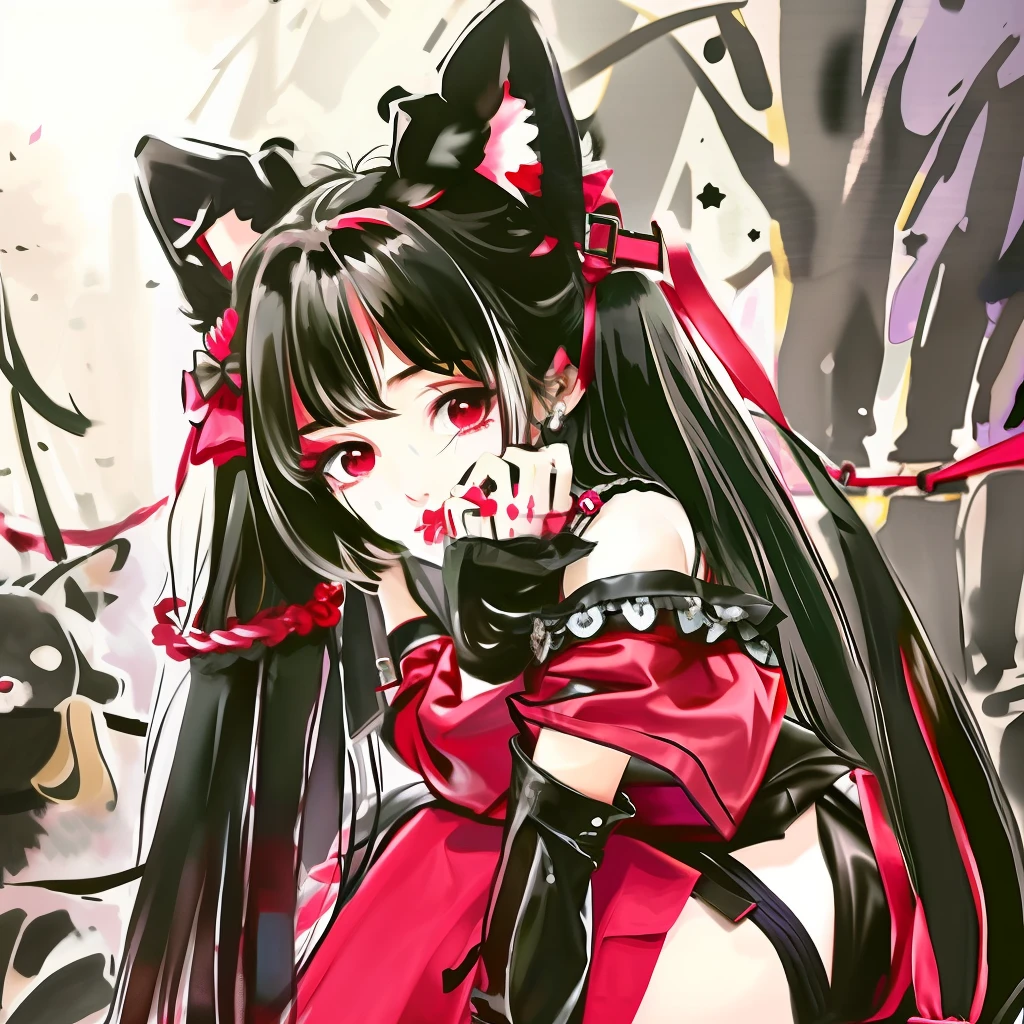 Anime girl with pitch black hair wolfcut wearing red collar on the neck and leash wearing black gothic lolita dress and purple chain boots