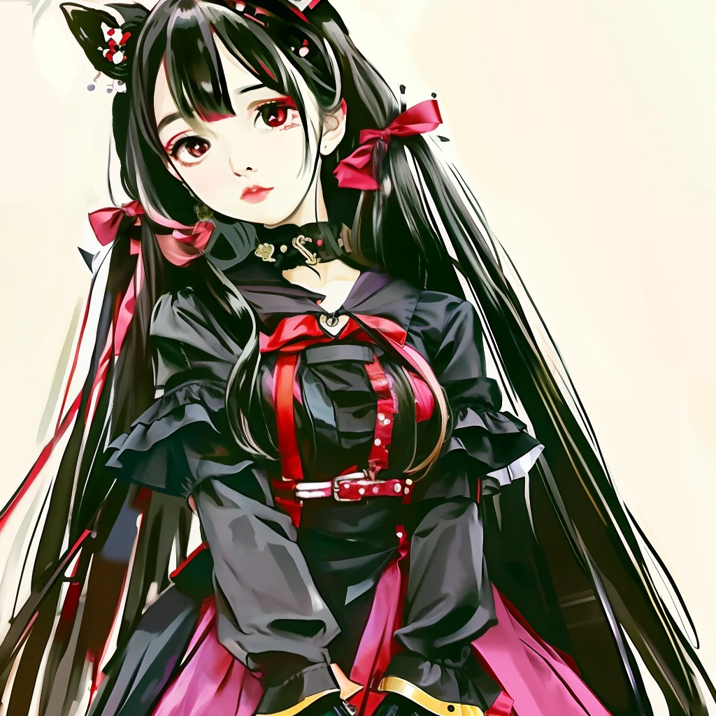Anime girl with pitch black hair wolfcut wearing red collar on the neck and leash wearing black gothic ta dress and purple chain boots