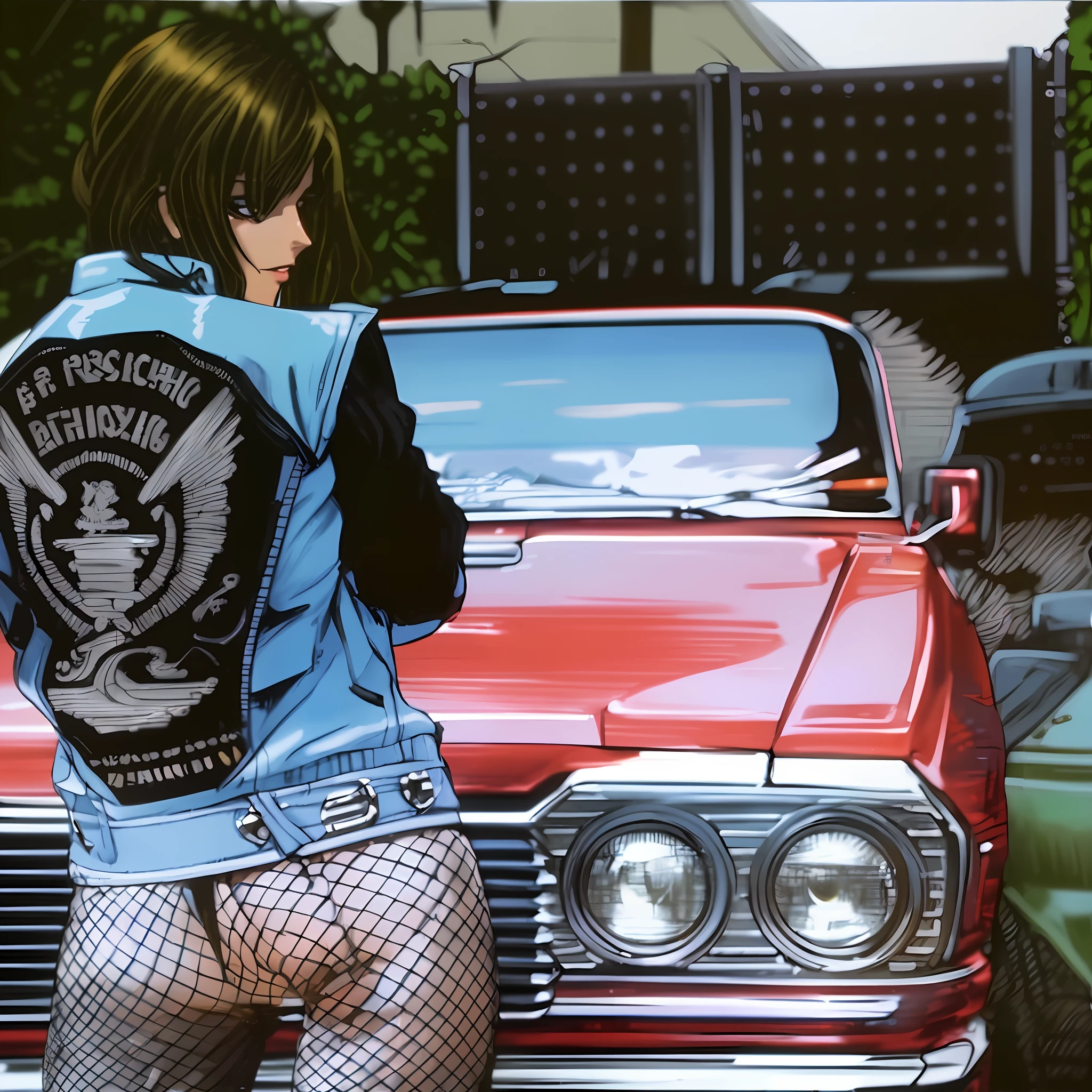 (90's vintage anime female in jeans-biker-jacket, no pants, black-waist-high-fishnet-stockings:1.4), surrealism, Katsuhiro Otomo, Ayami Kojima, Masamune Shirow, detailed line art, fine details, Hajime Sorayama, Greg Tocchini, Virgil Finlay, Satoshi Urushihara, sci-fi, line art, elegant, highly detailed, painting, concept art, sharp focus, illustration, artgerm , 8 k, glow effects, hand drawn, dark, atmospheric 4k ultra detailed, cinematic sensual, sharp focus, humorous illustration, masterpiece, erotic, trending on artstation, hyperrealistic, Vivid colors, studio ghibli, intricate, high detail, dramatic, drawing,