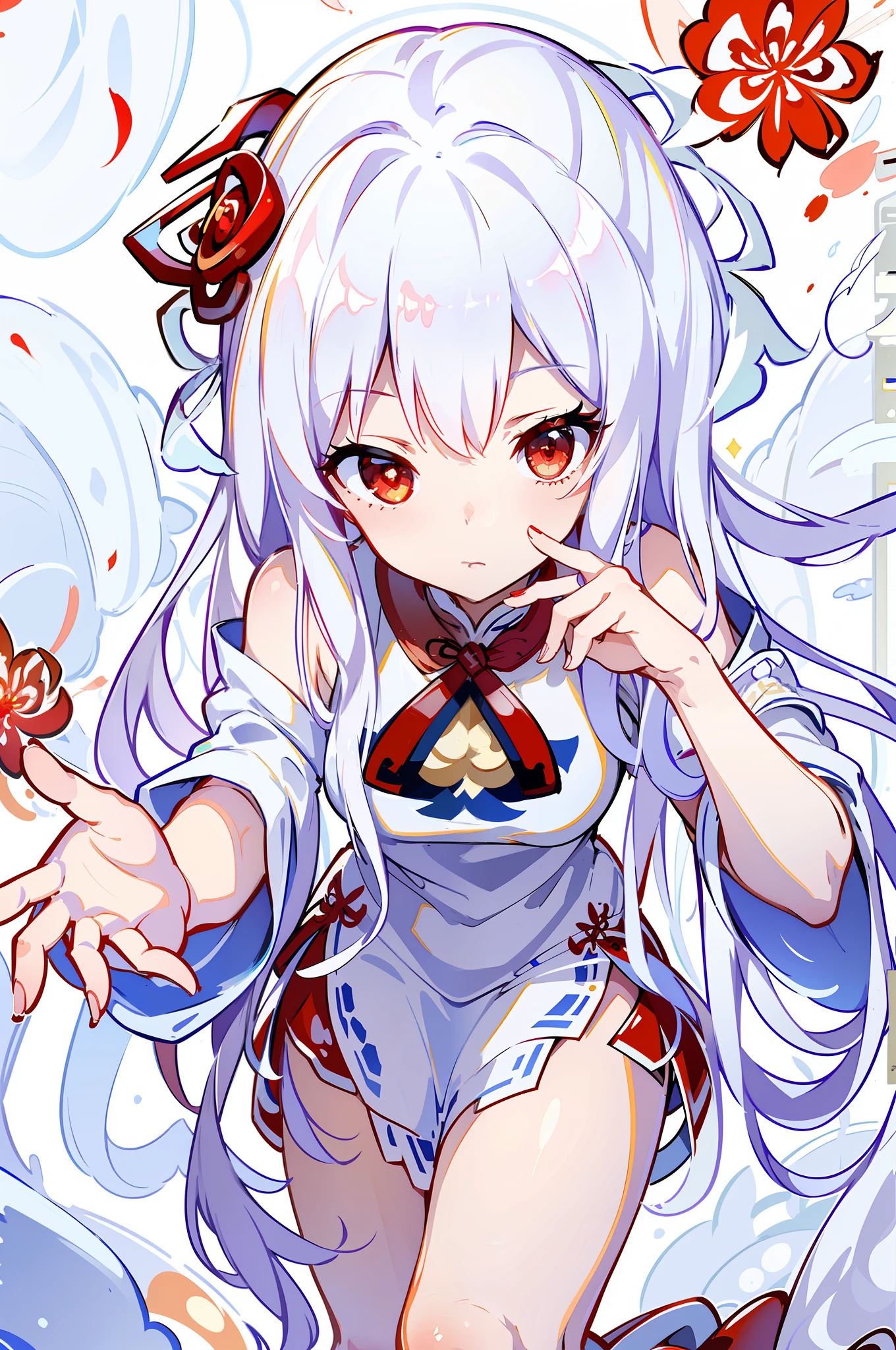 (Masterpiece), the best quality, ultra-detailed, extremely delicate and beautiful, floating, high resolution,

[(Elegant cheongsam dress, 1 girl, white hair, (red eyes: 1.2), dynamic pose, white and red flowers, clouds, watercolors, beautiful and vivid depictions): 1.0]