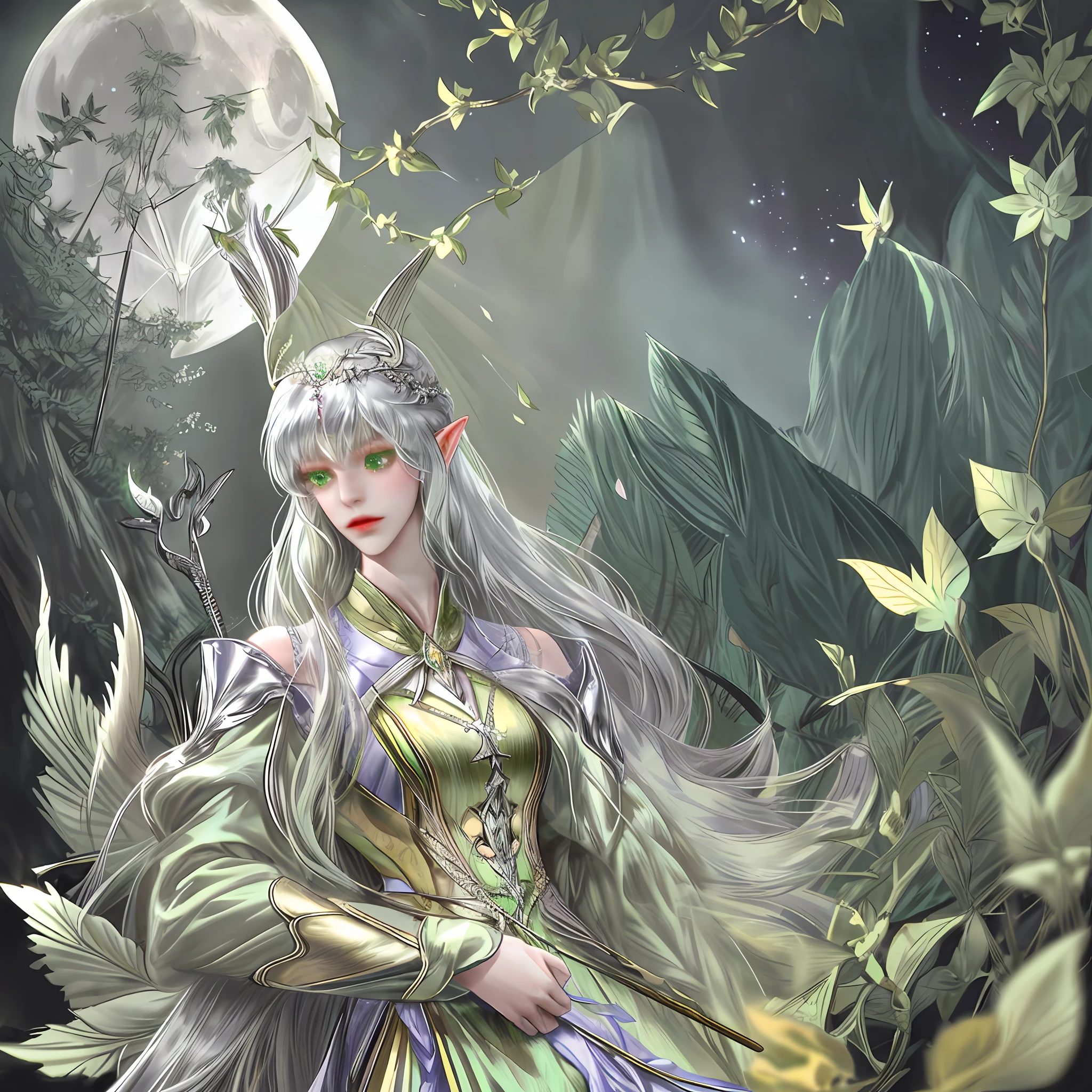 1 man, gorgeous looking, slender body, honey-colored skin, elf ears, silver hair, light green eyes, long straight hair, archery gesture, background detail, bow holder, dense forest, fantasy, night light, moon, owl,