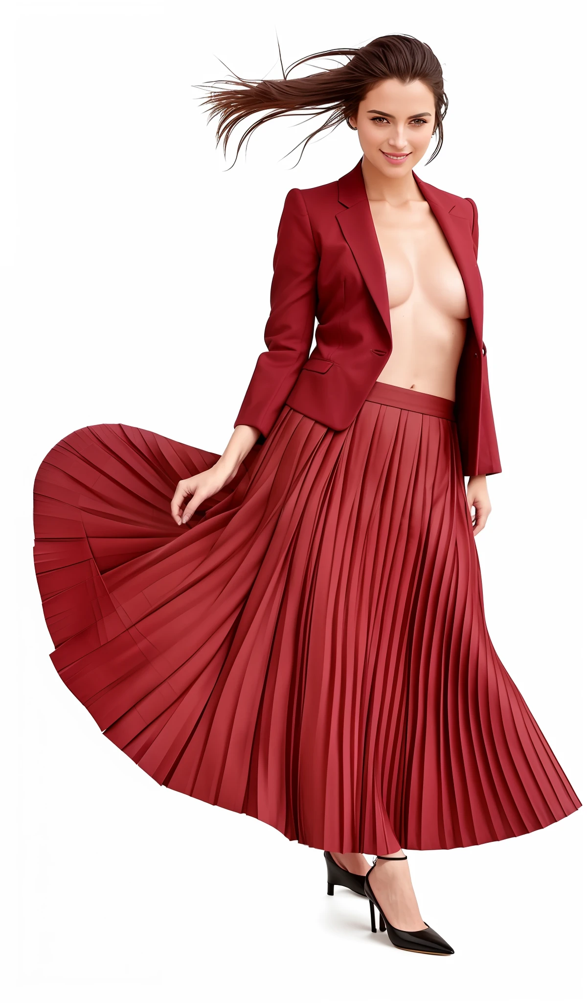 (sad eyed:1:1) (flirty smiling:1.4) (shy:1.5) woman wearing (long pleated:1.6) skirt standing outside and playing with her skirt, dressed in blazer a long fluent windy pleated skirt and simple low heeled office shoes, long pleated skirt, wearing blazer and skirt and shoes, pleated skirt, wearing pleated skirt, wearing long skirt, pleated skirt, blazer, low heels, (large breasts, big boobs:1,9), (shirtless, topless, bare chest:1,9), (flirting:1,5), ((lots of wind, wind blowing, windy conditions:1.3)), epic composition, highly detailed attributes, highly detailed atmosphere, (35mm f1.4 Kodak portra 400 photograph), extremely high quality RAW photograph, detailed background, intricate, Exquisite details and textures, highly detailed