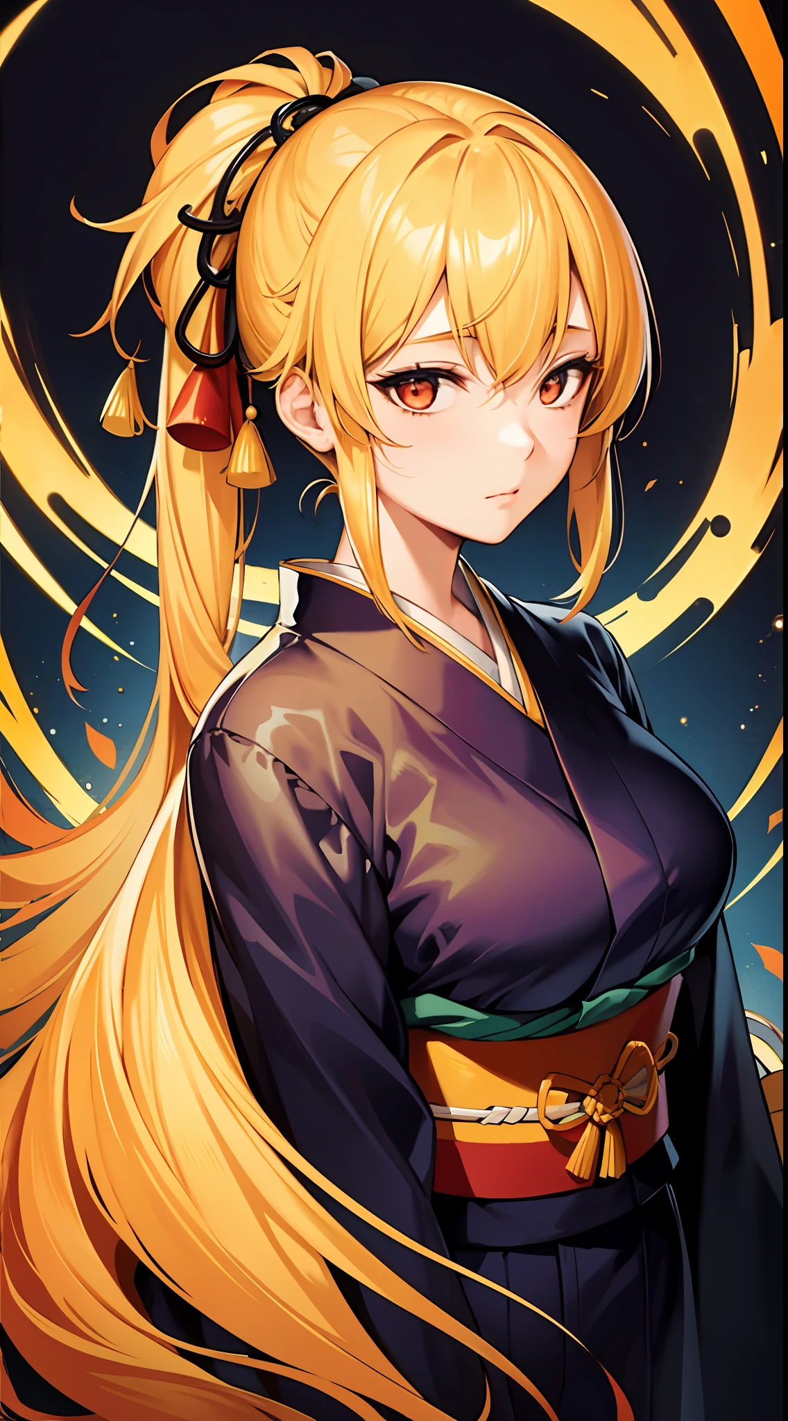 masterpiece, highly best quality, colorful, a woman, (kimono uniform), (gal), (emotionless face), yellow hair, high contrast shiny oily skin, huge long breasts, sfw , portrait,