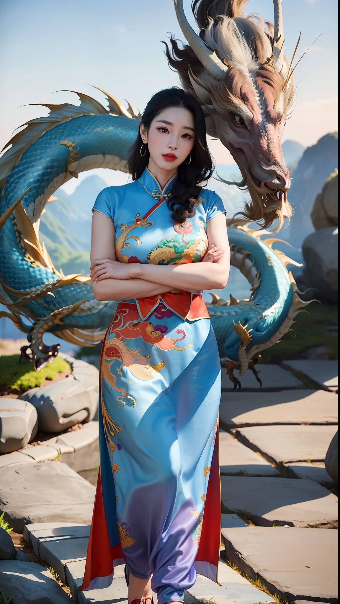 (best quality:1.2),(masterpiece:1.2), film grain,(realistic:1.4), photolistic,
1 female, mature female, full body,(1 china dragon in the sky:1.2),
diligent,red cheongsam with Embroidered Flowers, Superwoman, Tall, Athletic, Triangular Face,black Hair,s, Wide Nose, Full Lips, Receding Chin, Long Hair, Curly Hair, Top Knot, round breasts, Huggie earrings, violet matte lipstick, cui yifei, arms crossed, standing,