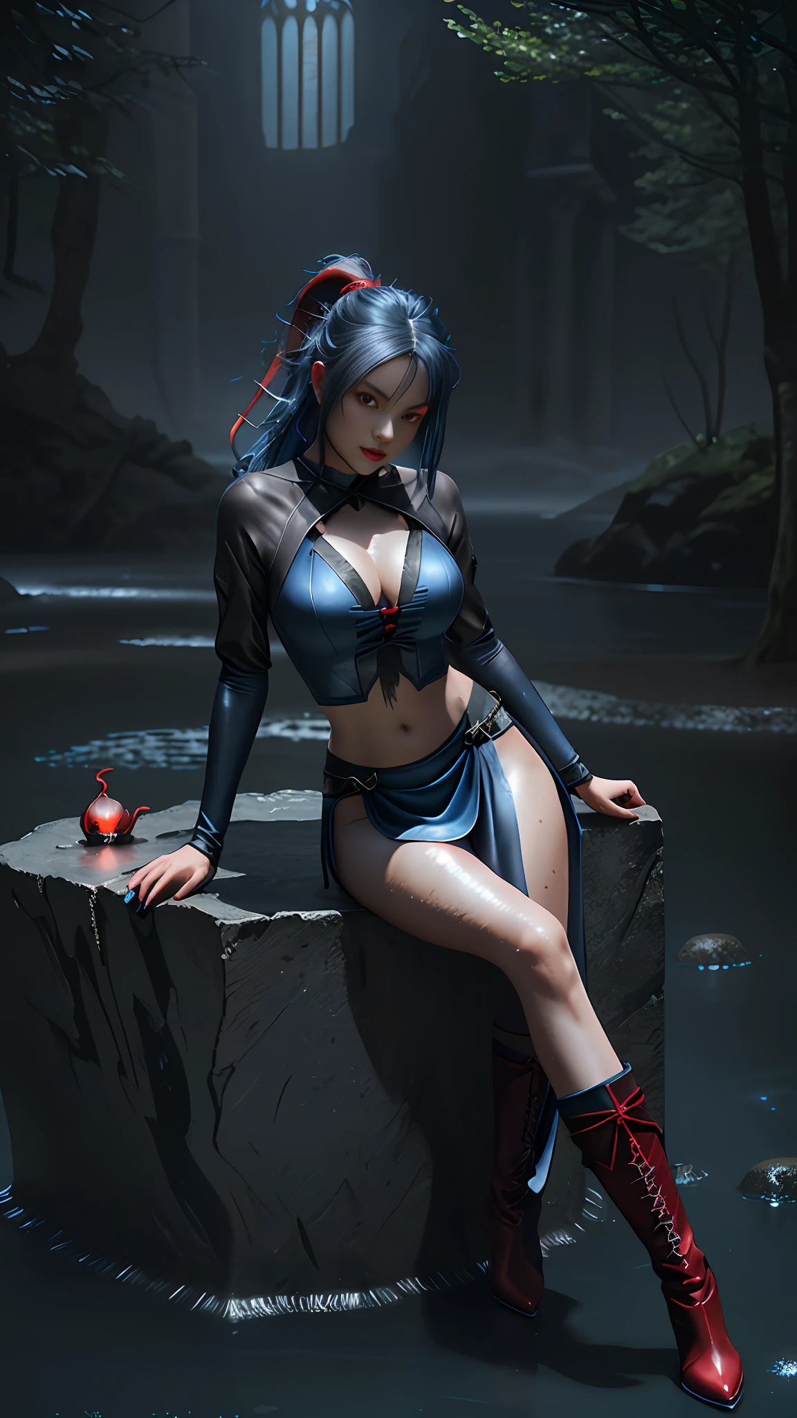 Perfect waist cut, Large breasts, Warrior girl with a scimitar on hand, Skimpy organza clothes ,dark blue hair with red highlights, (perfect nose), Seductive gaze, Boots on high heels (Best Illustration), 8k Resolution, Intricate Details, Best Quality, Realistic, Ultra Detailed, Best Lighting, Best Shadows, Ultra HD, A Necromancer style, Night, Magic, Dark Style, Vampire, (shining red eyes:1.6), masterpiece, high_res, Beautiful face, tyndall effect, photo realistic, (high detailed skin:1.2), 8k uhd, dslr, high quality, Photograph, high resolution, 4k, 8k, Bokeh, absurdres, ponytail contorted, best ratio four finger and one thumb, front view, dark blue hair gorgeous, perfect proportional skinny fitness body, full body view, wet skin, wet clothes, dark cathedral baground scenery, huge bobs, belly muscle, long fit perfect legs